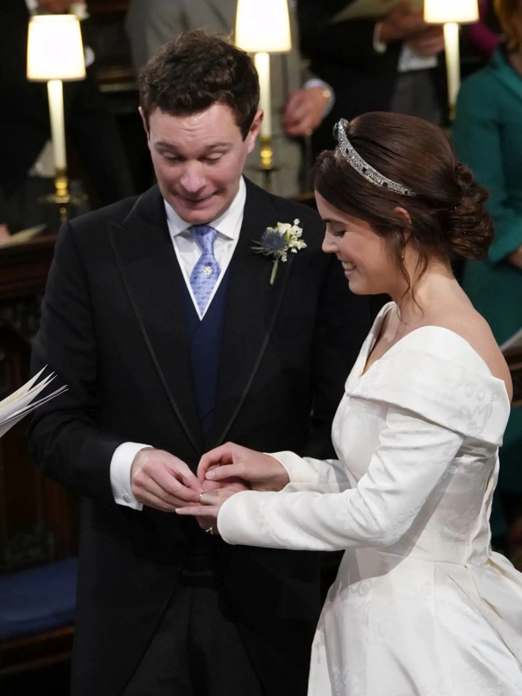 Britain's Princess Eugenie and Jack Brooksbank during their wedding ceremony in St Georgeâs Chapel, Windsor Castle, near London, England, Friday Oct. 12, 2018. (Danny Lawson/Pool via AP)