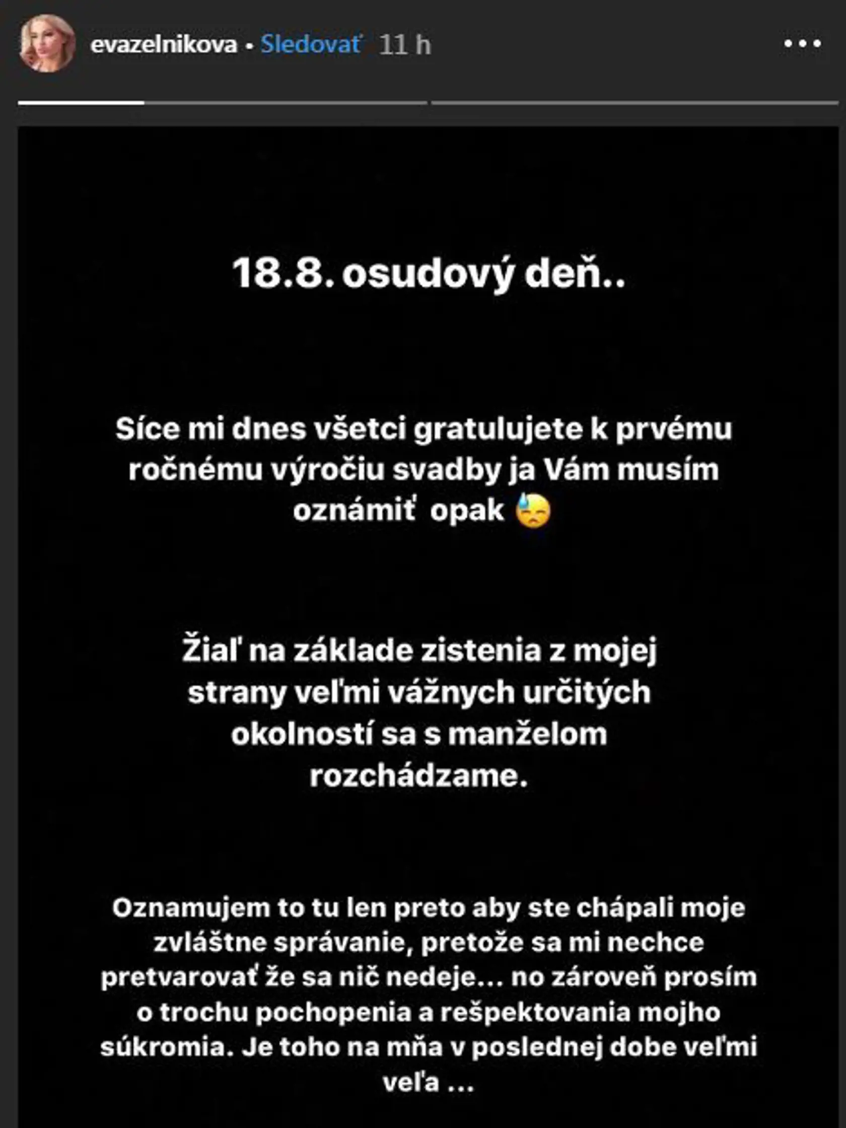 Exfarmárke Eve Zelníkovej nevyšlo manželstvo. Po roku oznámila rozvod.
