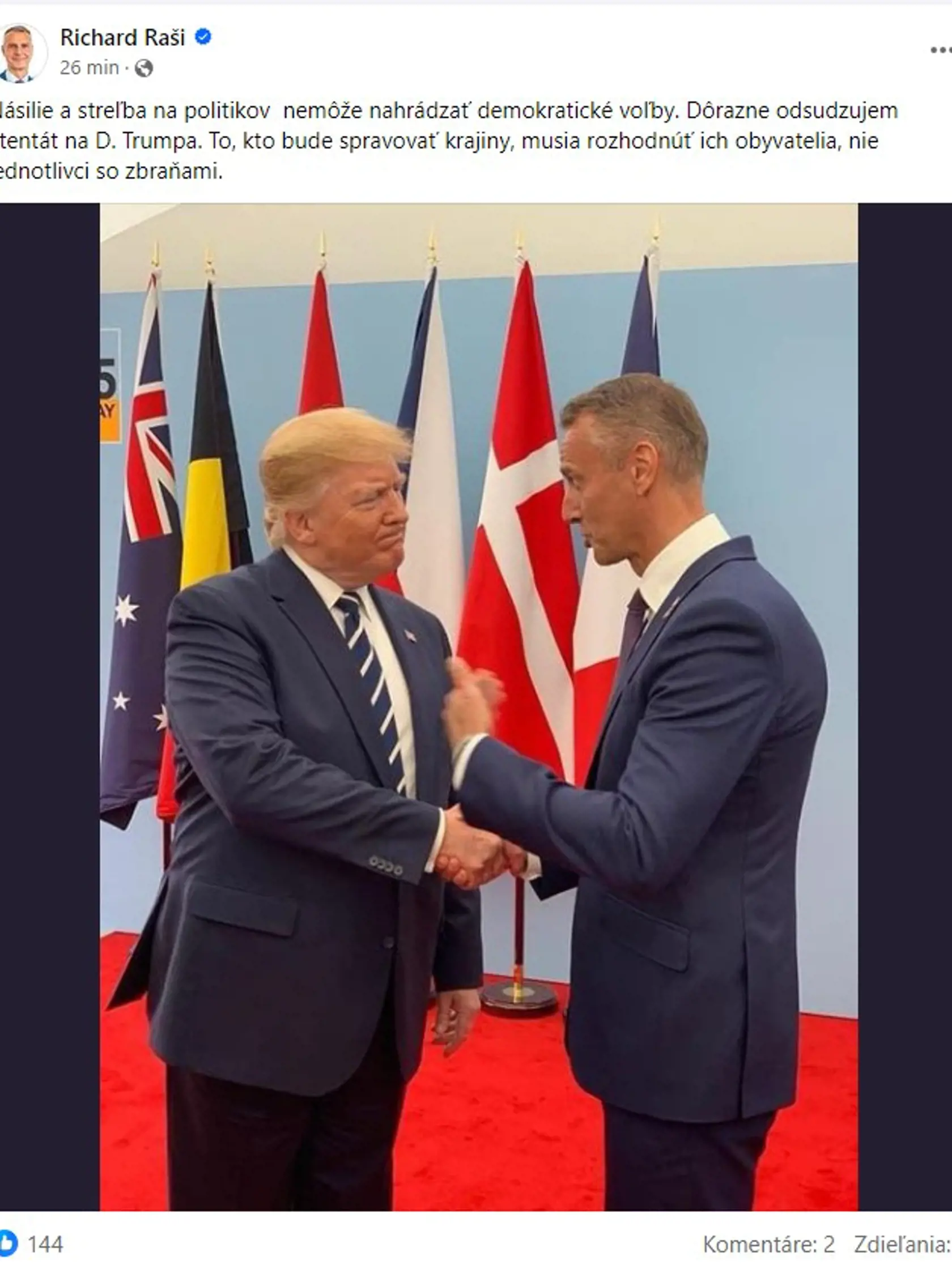 „To, kto bude spravovať krajiny, musia rozhodnúť ich obyvatelia, nie jednotlivci so zbraňami," reagoval po útoku na Donalda Trumpa minister investícií a informatizácie Richard Raši zo strany Hlas.