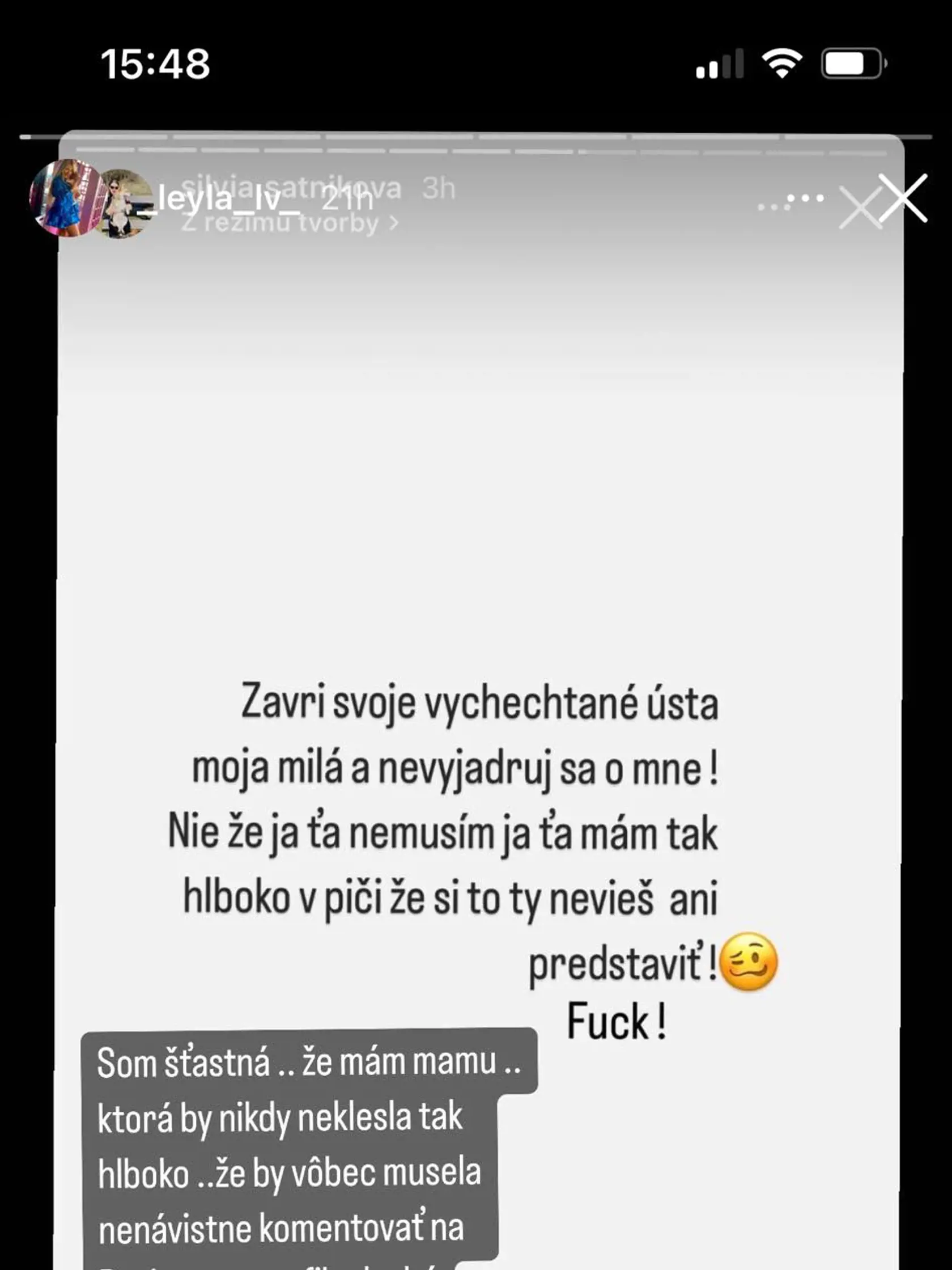 Najprv na Lauru reagovala mama Vanessy, neskôr sa do Laury pustila aj samotná Vanessa.