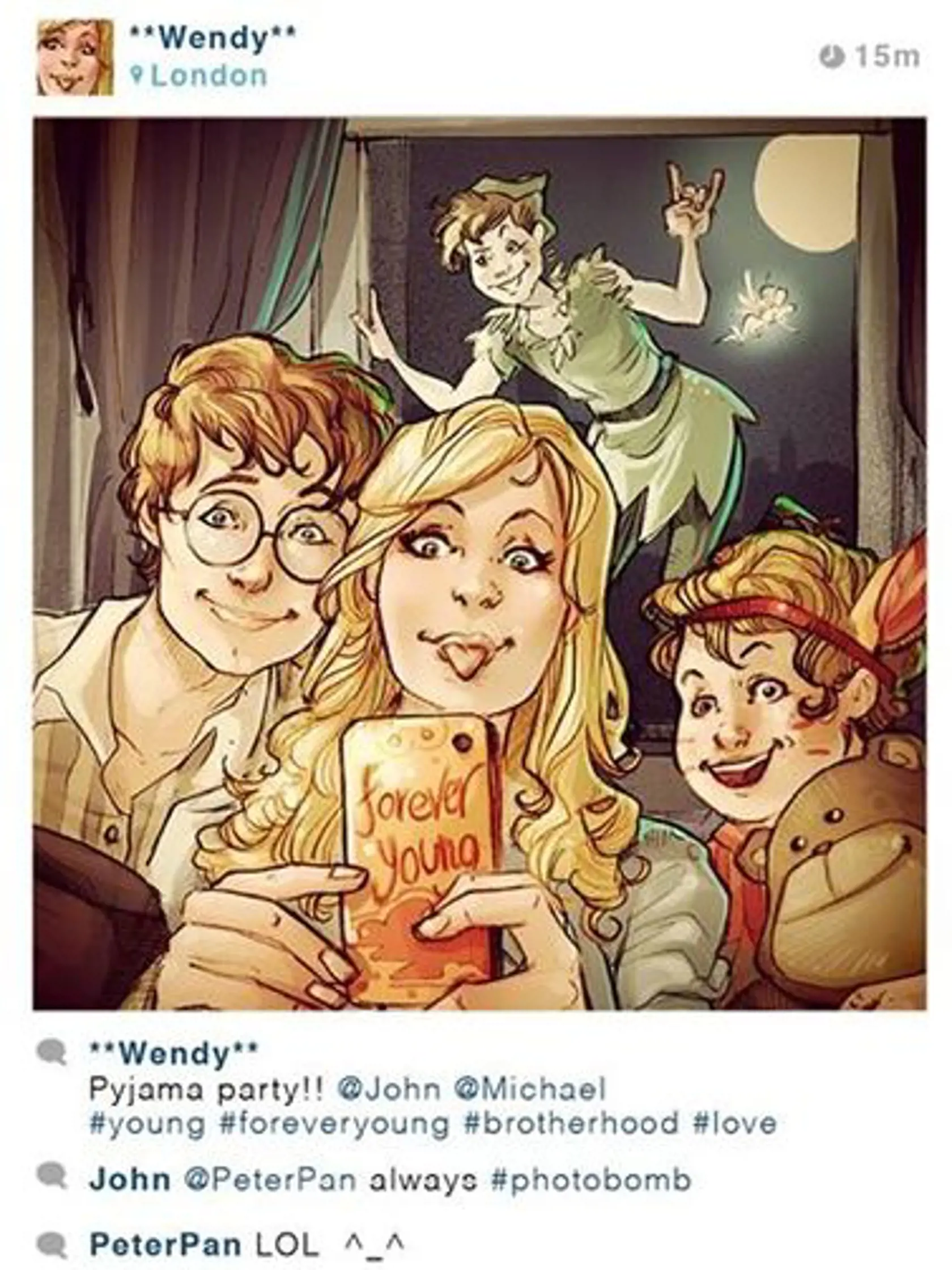 Peter Pan vie ako sa dostať na fotku. Wendy fotila a on si vyskúšal lietajúci photobombing.