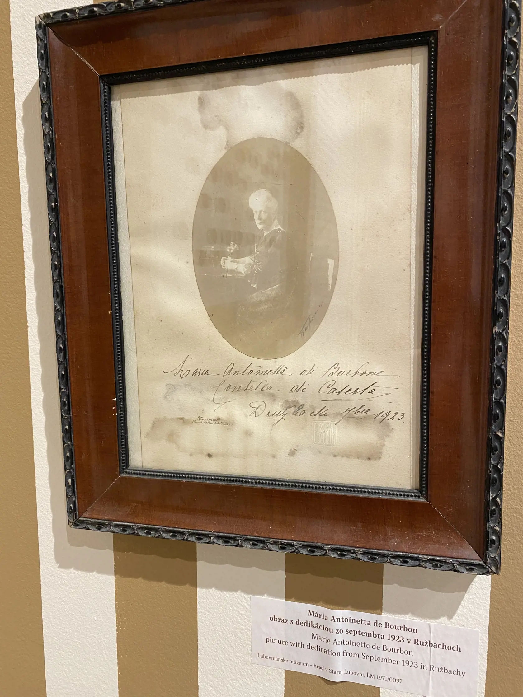 Mária Antoinetta de Bourbon bola matkou ženích Reniera de Bourbon, bol synom kráľa Alfonza de Bourbon Siciles a tento obraz podpísala na svadbe vo Vyšných Ružbachoch v septembri 1923. Krstnou mamou Reniera bola španielska infantka Mária Izabela, dcéra kráľovnej Izabely II.