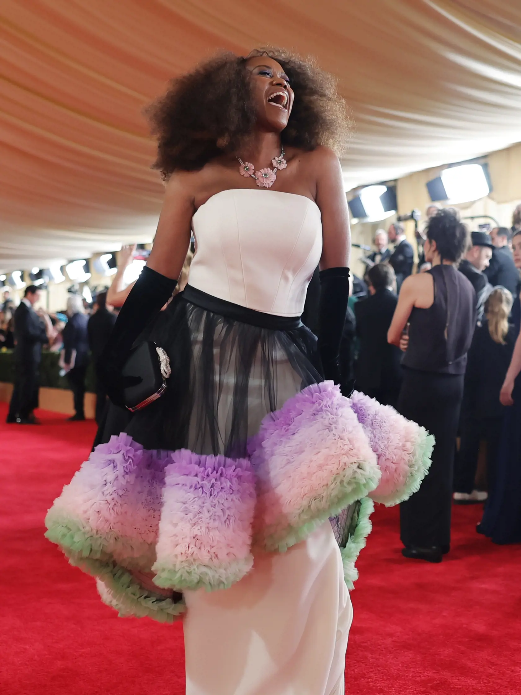 Hviezda Cosby Show Erika Alexanderová mala na sebe veľmi elegantné biele šaty - nebyť obrovskej čiernej, fialovej, ružovej a zelenej sukne v štýle tutu, ktorú mala zavesenú okolo pása.