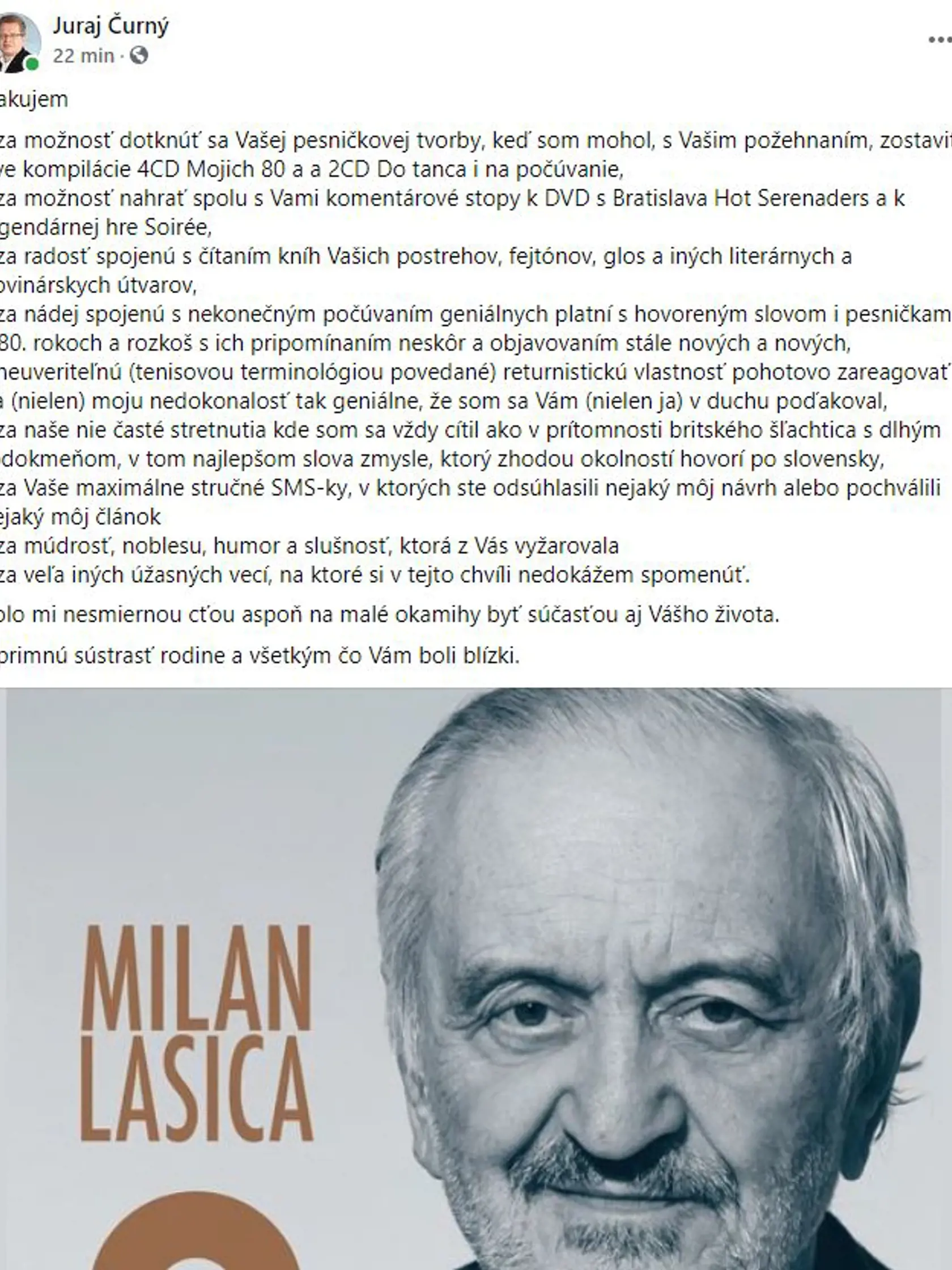 Juraj Čurný o náhlej smrti Milana Lasicu.