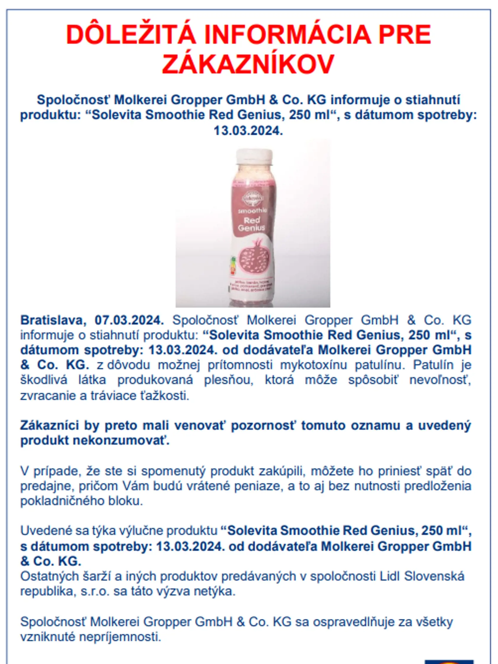 Oznam zverejnil reťazec na svojom webe.