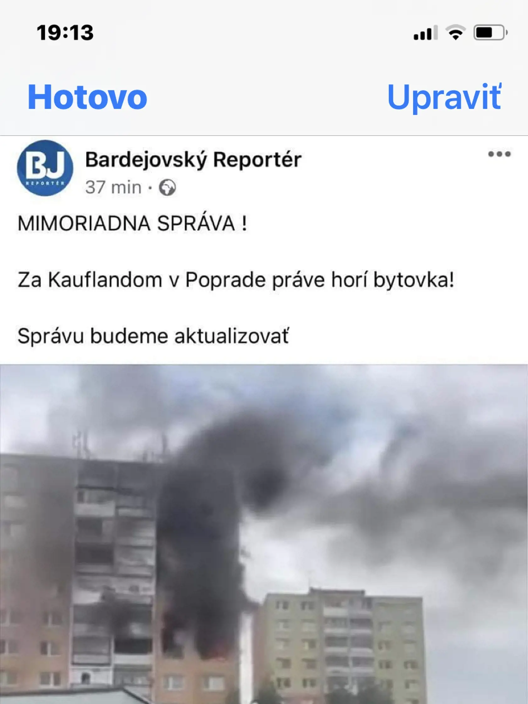 Správu o požiari vydal na sociálnej sieti aj Bardejovský reportér.