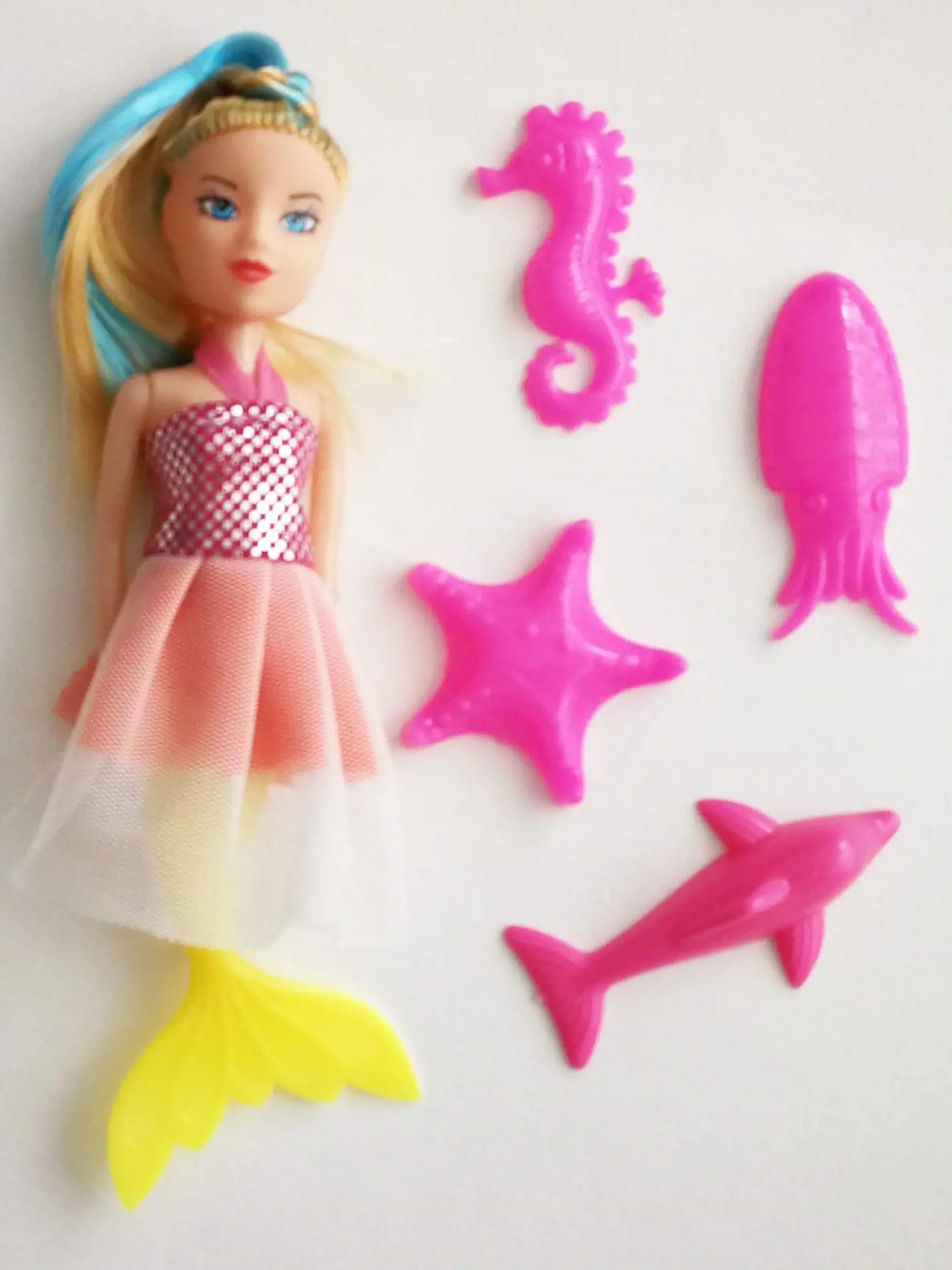 Plastová bábika „Beauty Sea Journey“ NO. 506
Popis: Plastová bábika morská panna s dlhými blond vlasmi a modrými prúžkami v šatách ružovej farby s doplnkami (morský koník, hviezdica, delfín a chobotnica). Pôvodom z Číny.
RIZIKO: V plastovom materiáli, z ktorého je zhotovený chvost morskej panny, bol zistený nadlimitný obsah ftalátov.