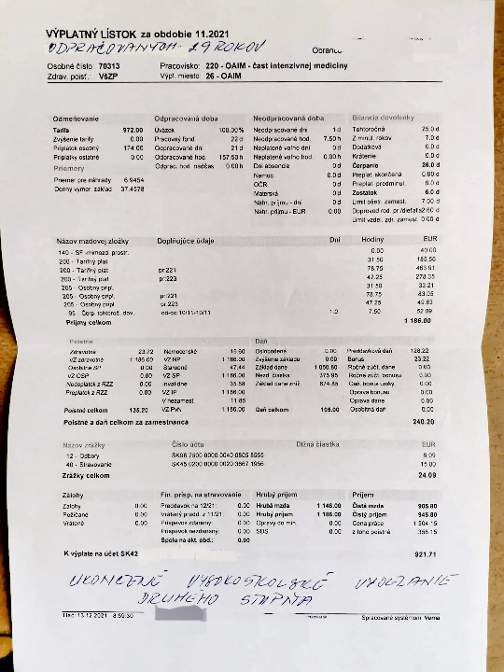 Výplatná páska zdravotnej sestry za november 2021 - odpracovaných 29 rokov (ukončené VŠ vzdelanie 2. stupňa)