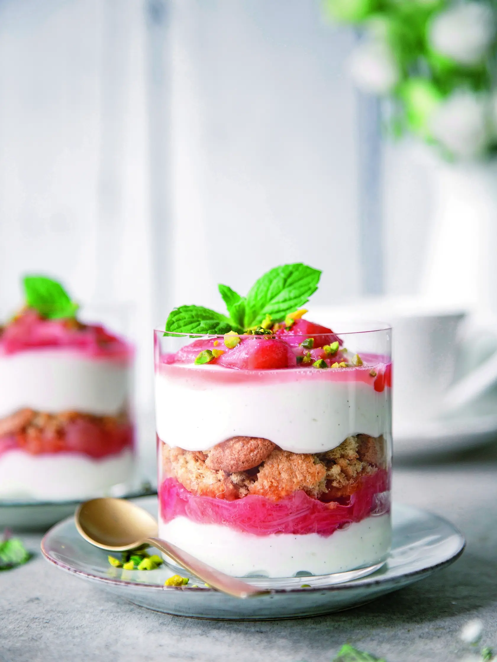 Tiramisu s rebarborou a jahodami.