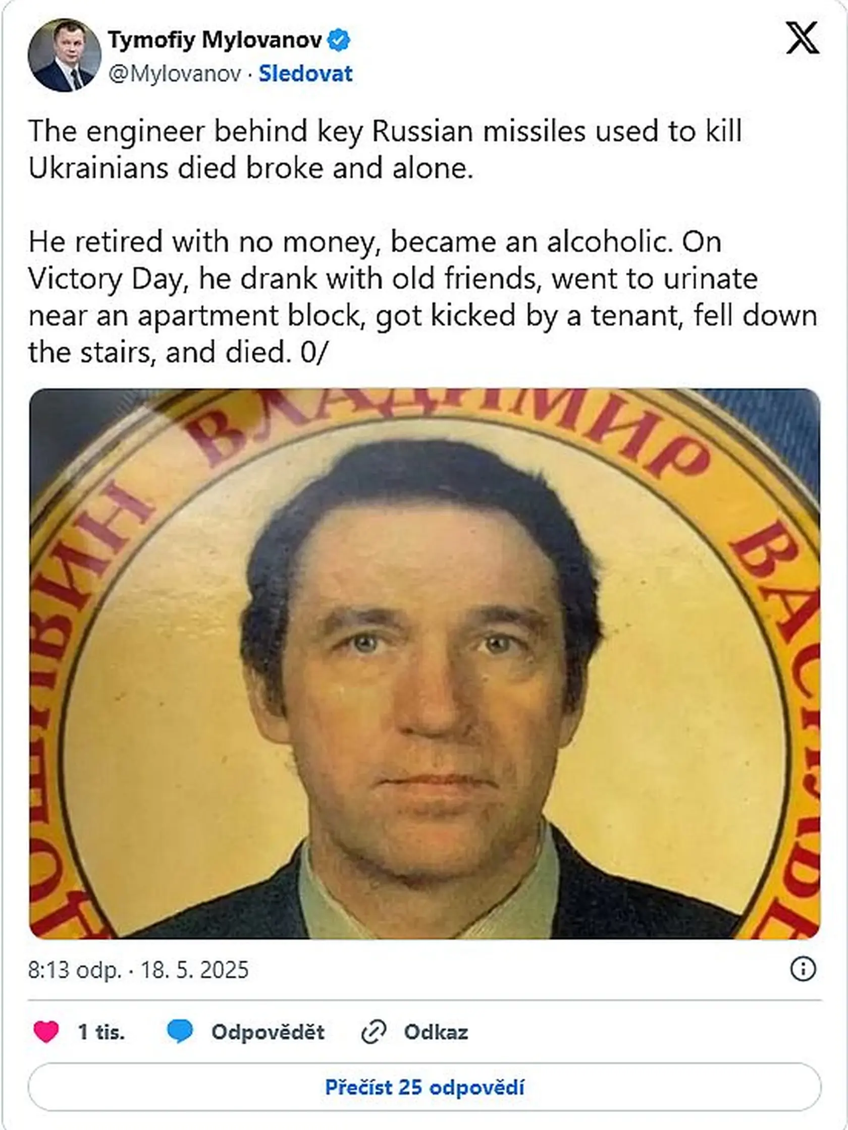 Konštruktér ruskej rakety Iskander Vladimir Nedošivin je po smrti. Opitý močil vo vchode paneláku a jeden z obyvateľov ho zhodil zo schodov.