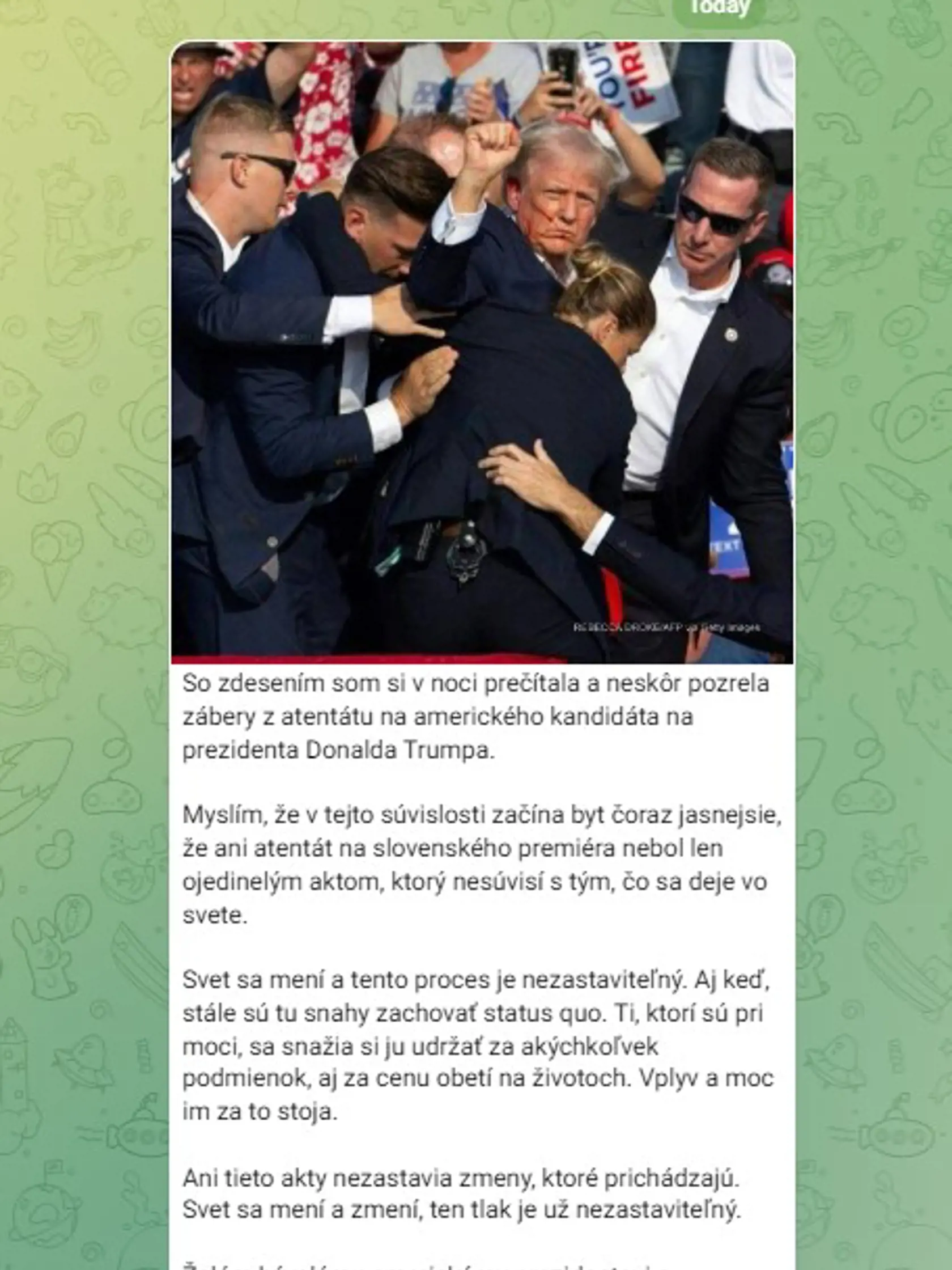 Martina Šimkovičová (nom. SNS), ktorá šéfuje rezortu kultúry v reakcii na atentát na Donalda Trumpa uviedla aj to, že „začína byt čoraz jasnejšie, že ani atentát na slovenského premiéra nebol len ojedinelým aktom, ktorý nesúvisí s tým, čo sa deje vo svete."
