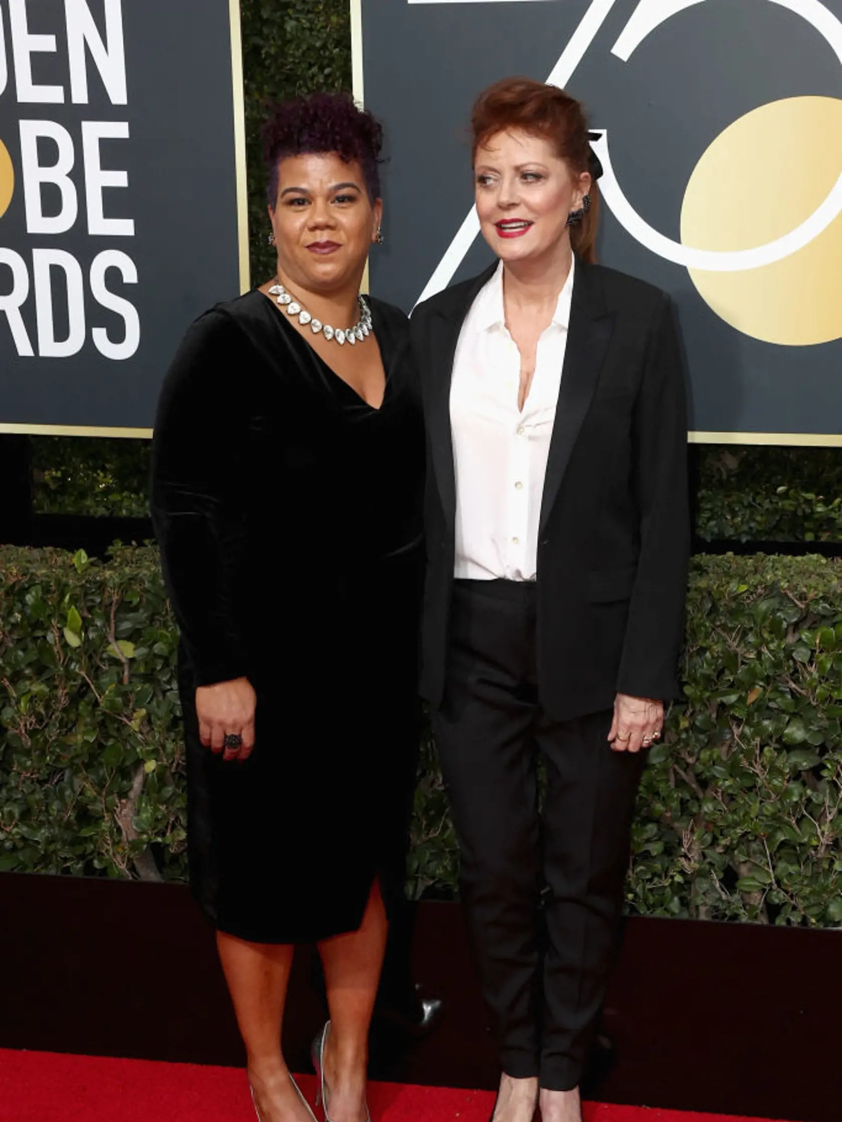BEVERLY HILLS, CA - JANUARY 07:  Activist Rosa Clemente and Susan Sarandon (R) attend The 75th Annual Golden Globe Awards at The Beverly Hilton Hotel on January 7, 2018 in Beverly Hills, California.  (Photo by Frederick M. Brown/Getty Images)