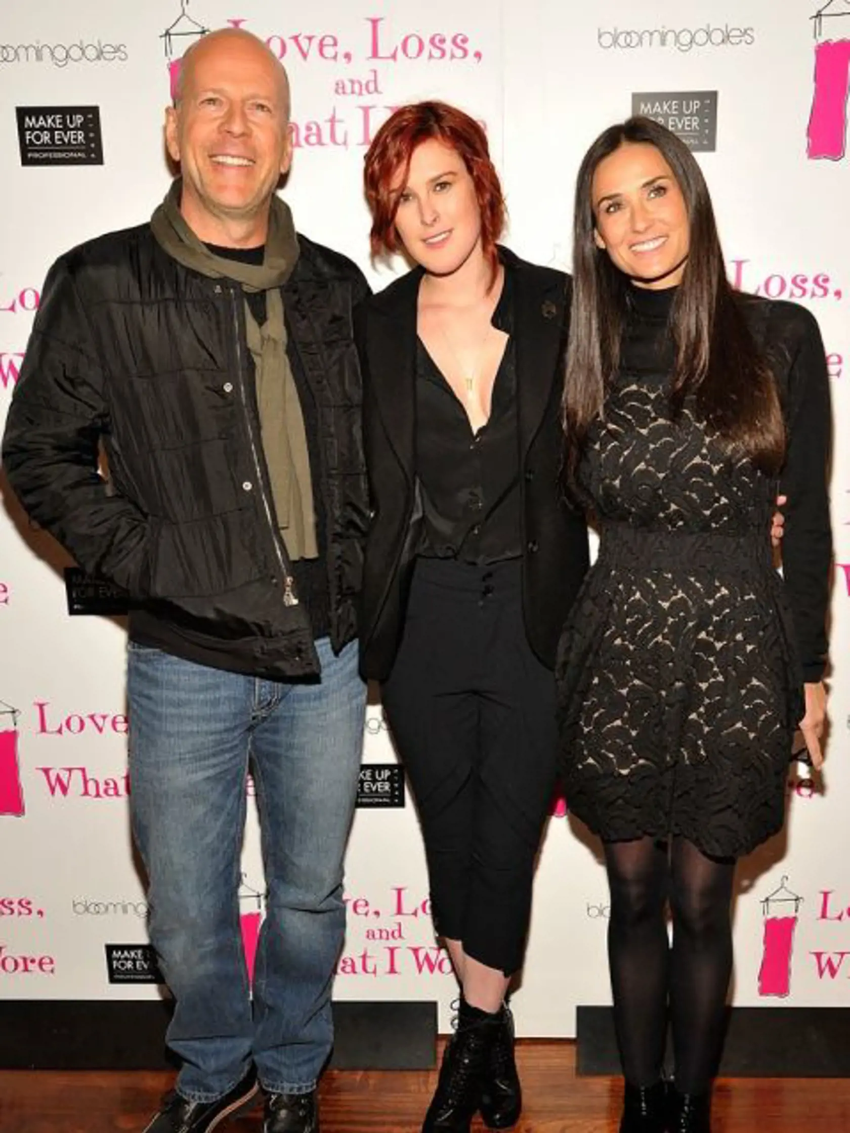 NEW YORK, NY - MARCH 24:  (L-R) Actor Bruce Willis, Actresses Rumer Willis and Demi Moore attend the "Love, Loss & What I Wore" new cast member celebration at B Smith's Restaurant on March 24, 2011 in New York City.  (Photo by Joe Corrigan/Getty Images)