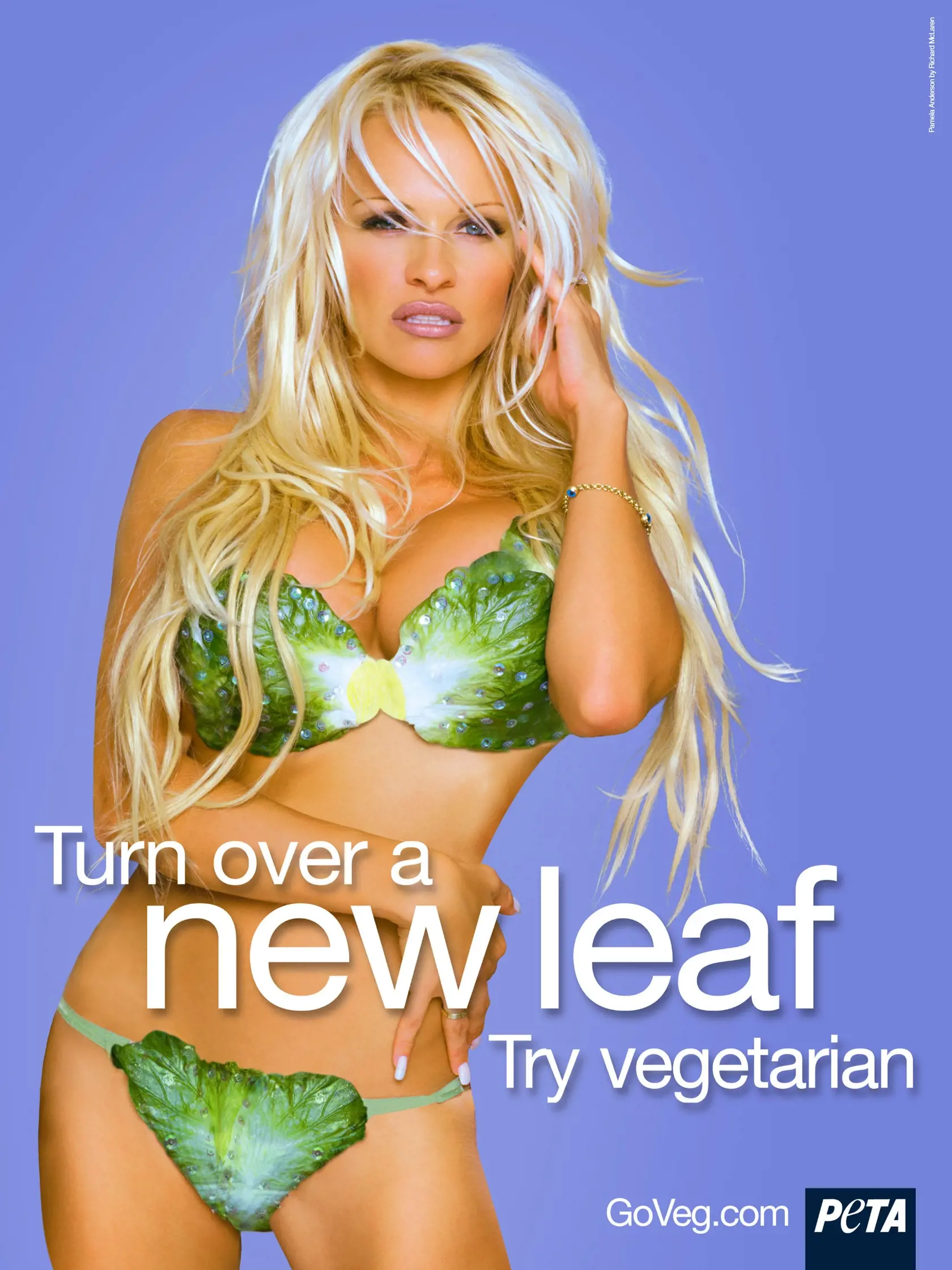 UNDATED PHOTO:  Actress Pamela Anderson poses in a new poster for animal rights group PETA in this undated handout photo. Anderson's poster has been made into a billboard and is displayed in New York's Times Square where PETA Lettuce Ladies were handing out free McVeggie burgers March 7, 2003 beneath the billboard to promote a meat-free diet.  (Photo by PETA/Getty Images)
