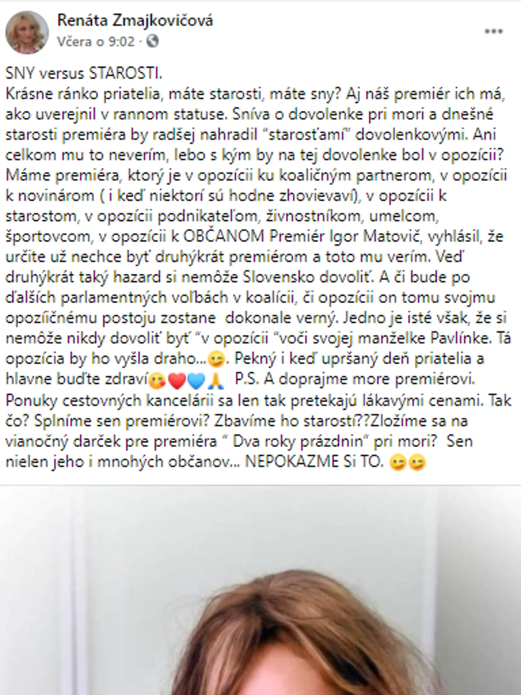 Status bývalej podpredsedníčky parlamentu za Smer Renáty Zmajkovičovej. Tentokrát sa ostro pustila do premiéra Igora Matoviča.