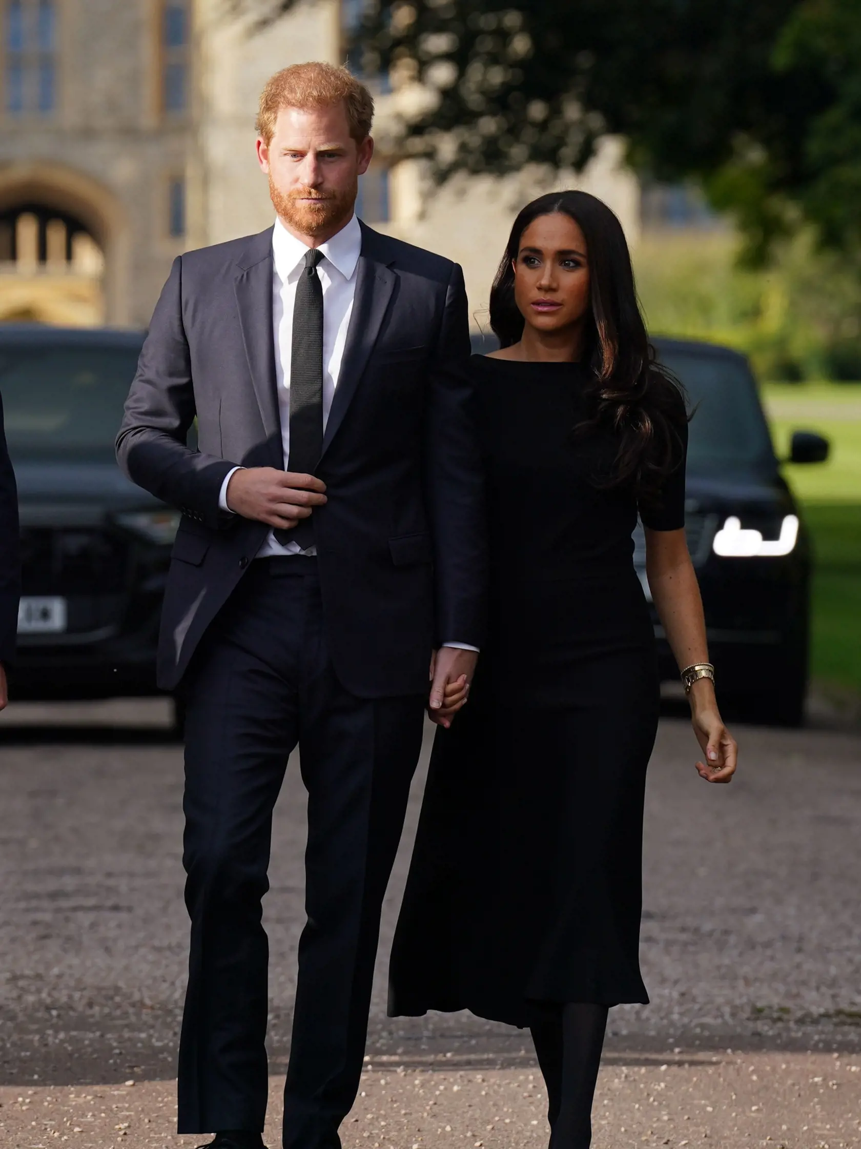 The Prince and Princess of Wales Accompanied By The Duke And Duchess Of Sussex Greet Wellwishers Outside Windsor Castle