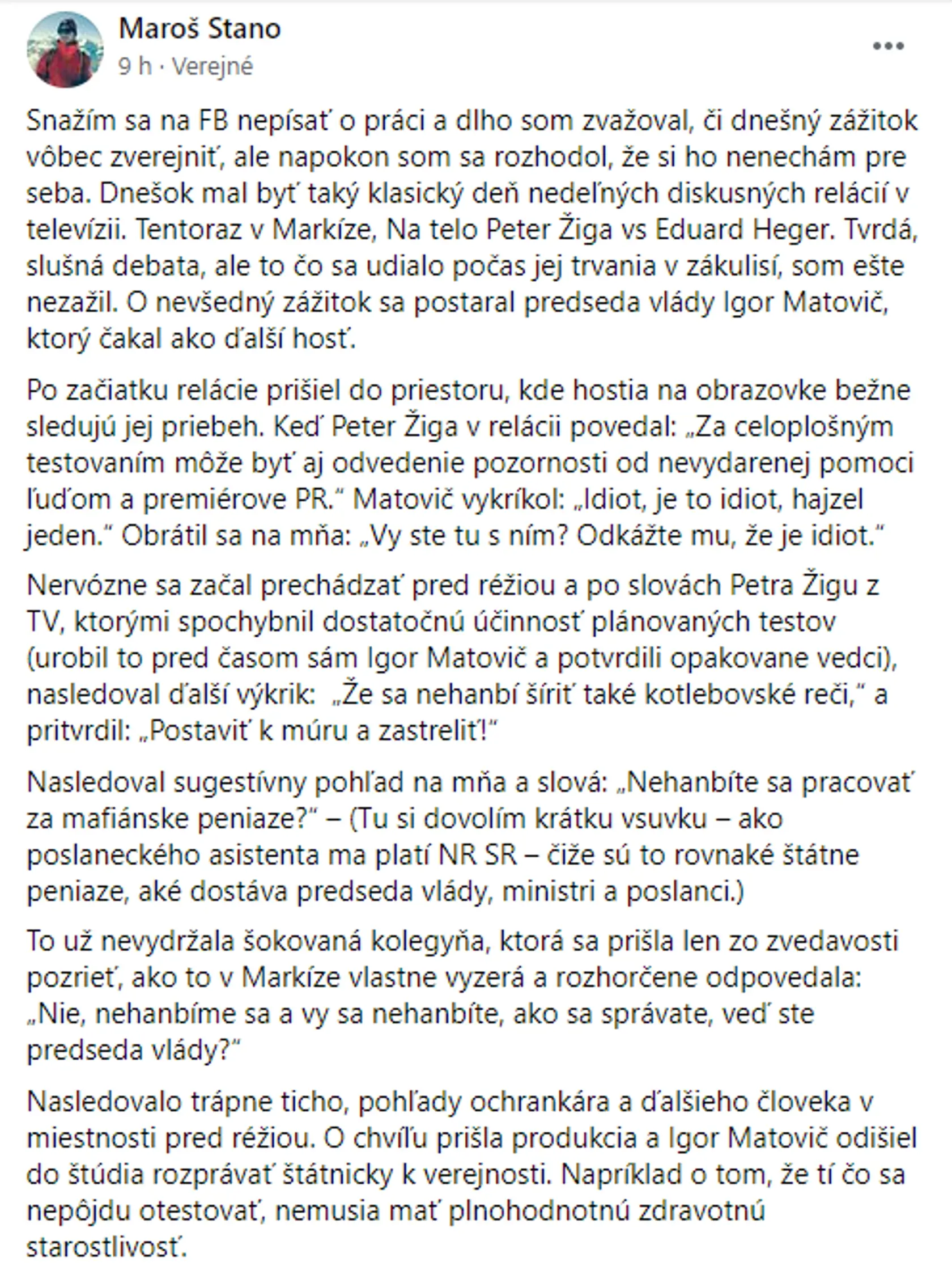 Rozhorčený status Maroša Stana.