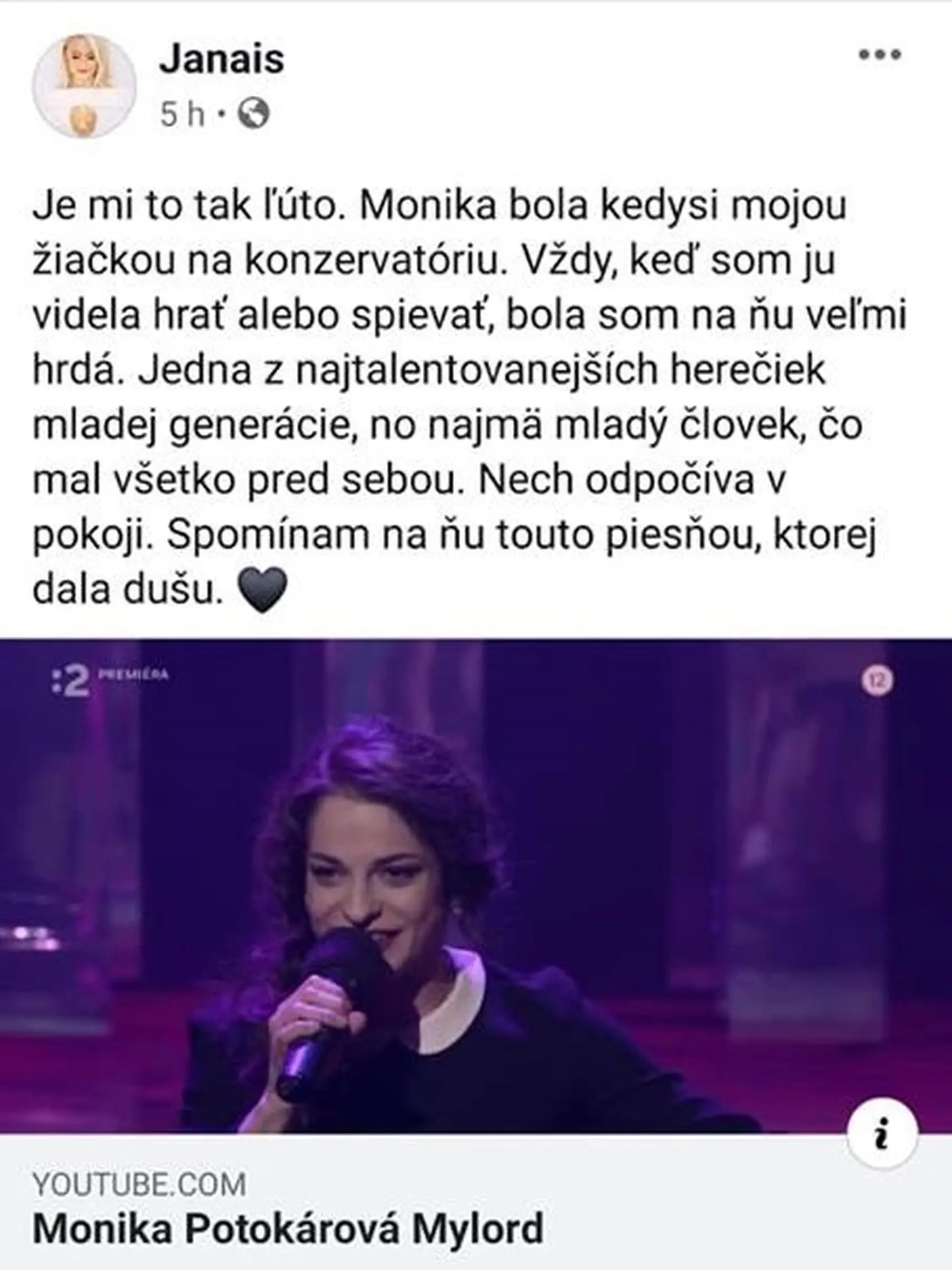 Speváčka Janais spomína na zosnulú herečku Moniku Potokárovú († 27).