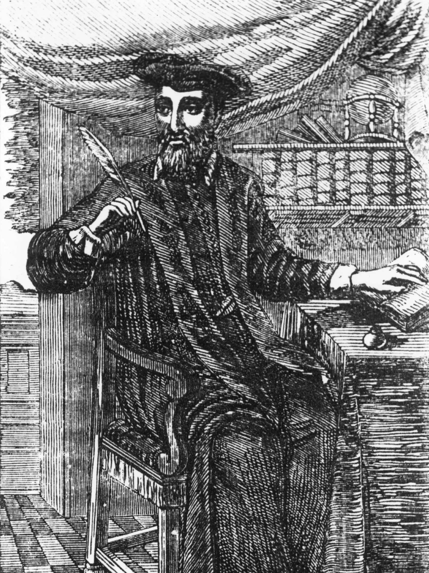French physician and astrologer Nostradamus (1503 - 1566), or Michel de Notredame, circa 1560. Original Artwork: From  the frontspiece to a collection of his prophecies pub. in Amsterdam in 1666.   (Photo by Hulton Archive/Getty Images)
