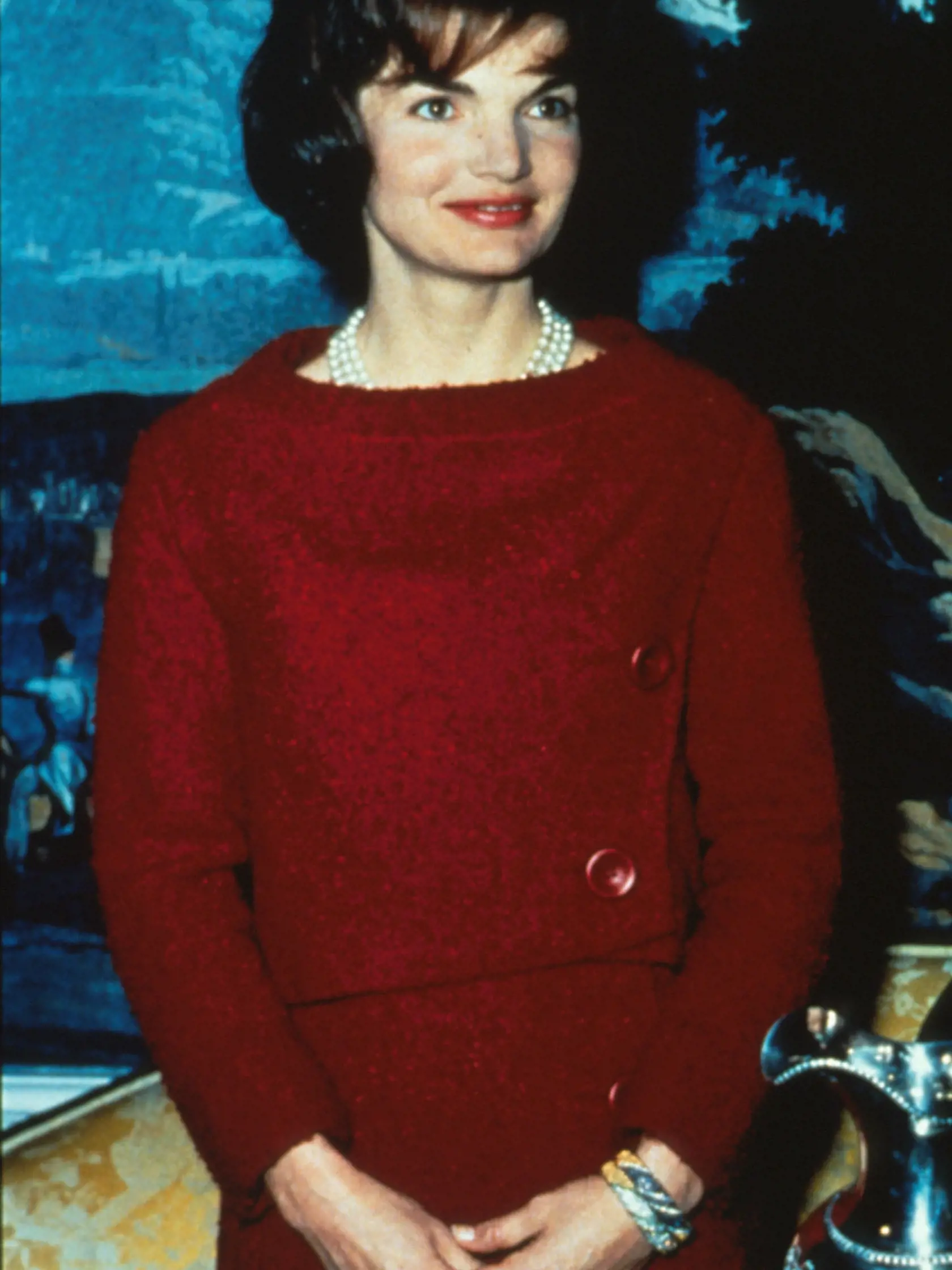385622 05: File Photo: First Lady Jacqueline Kennedy Wears A Chez Ninon Two-Piece Day Dress February 14, 1962 During A Nationally Televised Valentine's Day Tour Of The White House In Washington, Dc. The Famous Dress Will Be On Display At Metropolitan Museum Of Art Exhibition "Jacqueline Kennedy: The White House Years." The New York Exhibition Runs From May 1, 2001 To July 29, 2001.  (Photo By Getty Images)