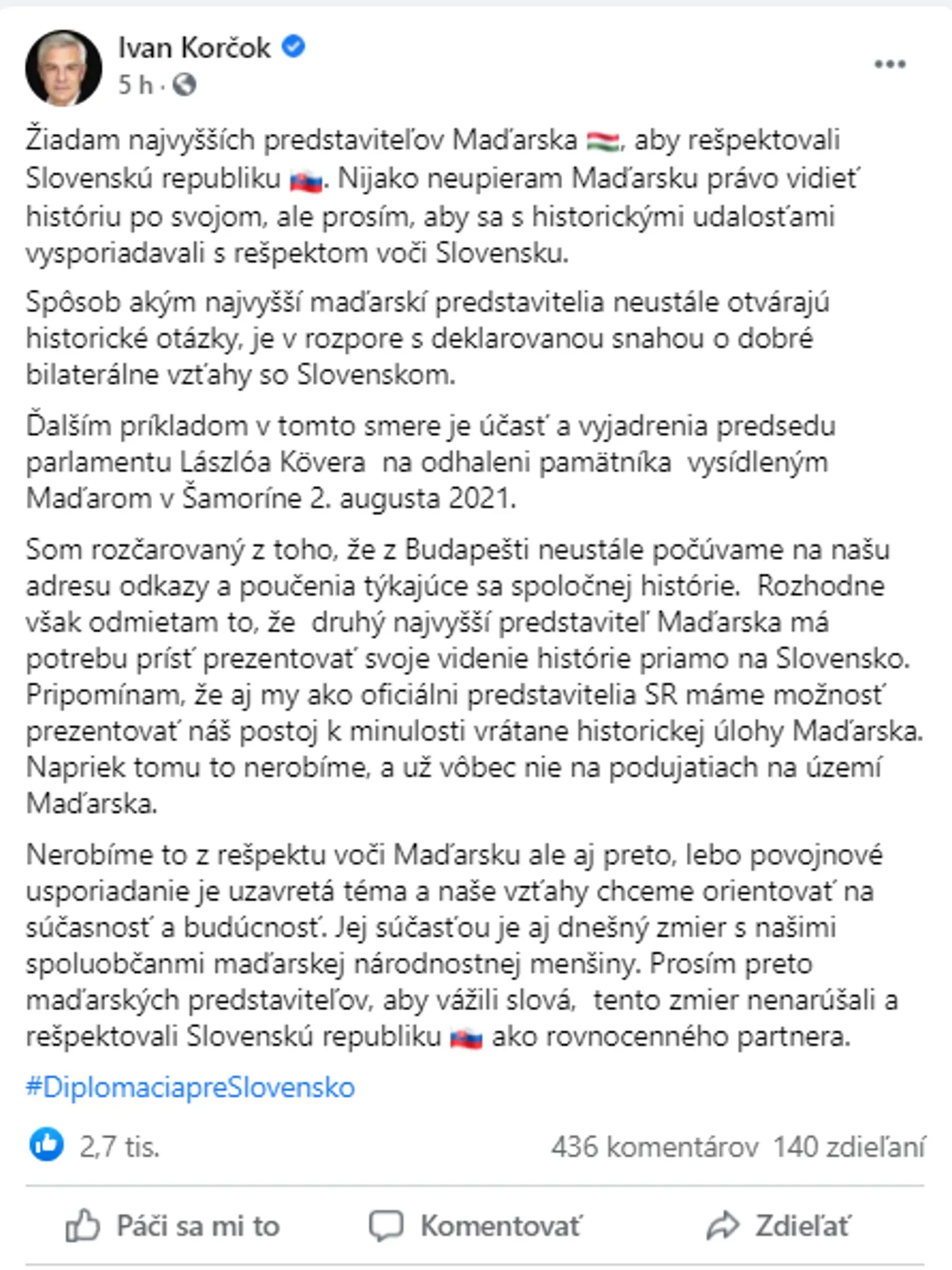 Status Ivana Korčoka k celej udalosti.