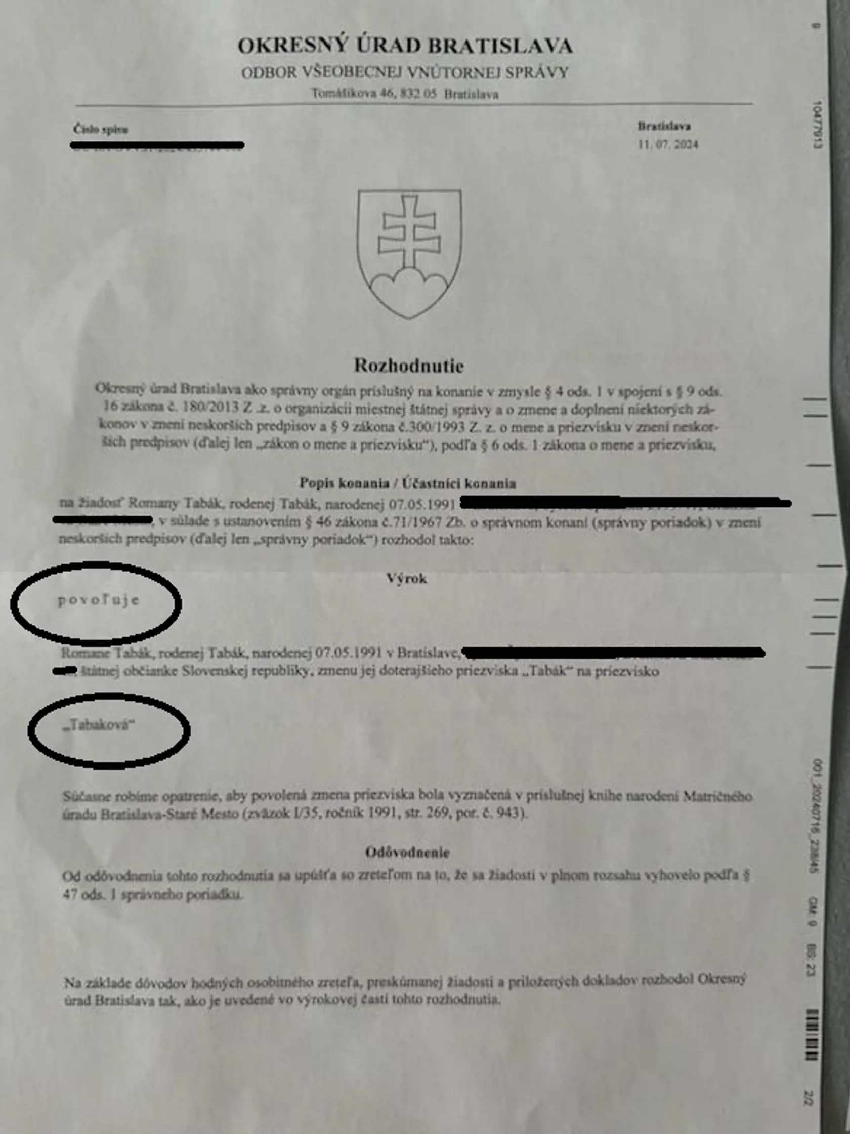 Romana Tabák má meno oficiálne zmenené na Tabaková.