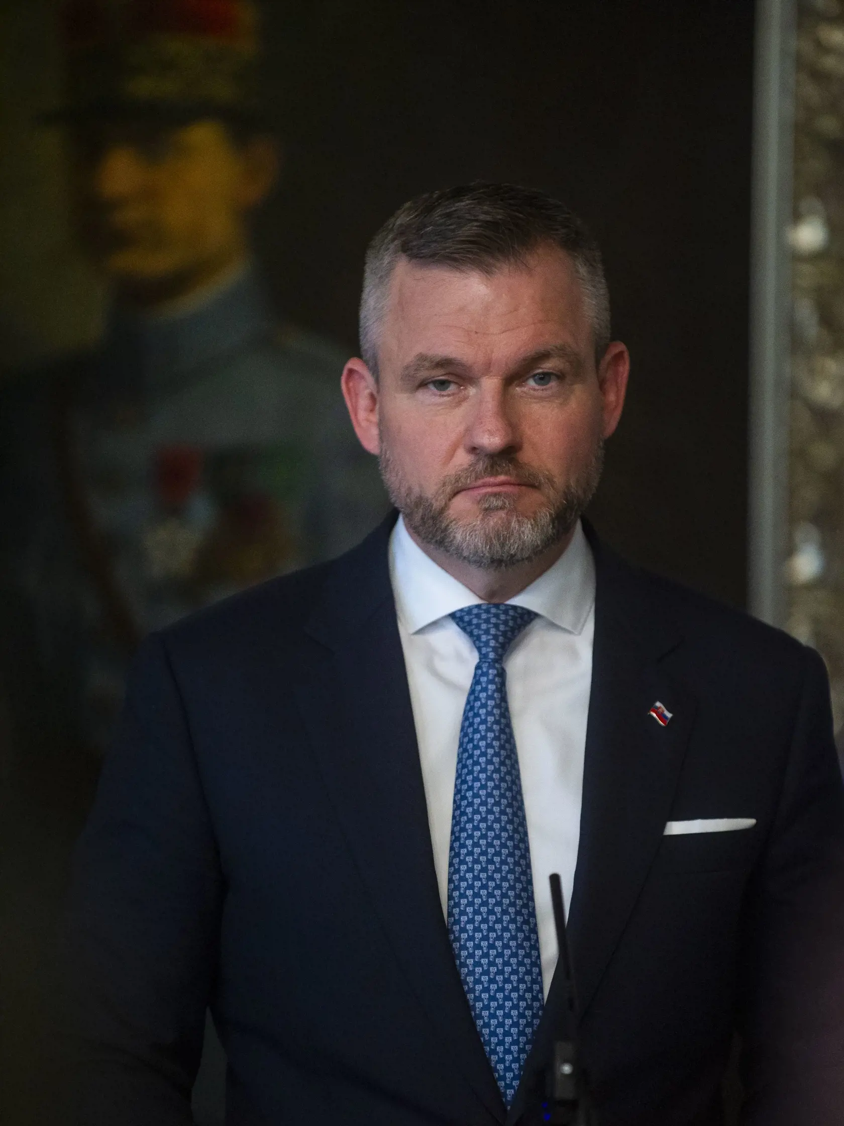 Na snímke novozvolený prezident SR Peter Pellegrini (Hlas-SD) počas tlačovej konferencie k skončeniu funkcie predsedu NRSR 8. apríla 2024 v Bratislave. Zvolenému prezidentovi SR Petrovi Pellegrinimu v nedeľu (7. 4.) zanikol mandát poslanca Národnej rady (NR) SR. Skončilo sa aj jeho pôsobenie na poste predsedu NR SR, právomocami v tejto funkcii poveril podpredsedu NR SR Petra Žigu (Hlas-SD). Informoval o tom počas pondelkového tlačového vyhlásenia. FOTO TASR - Jakub Kotian