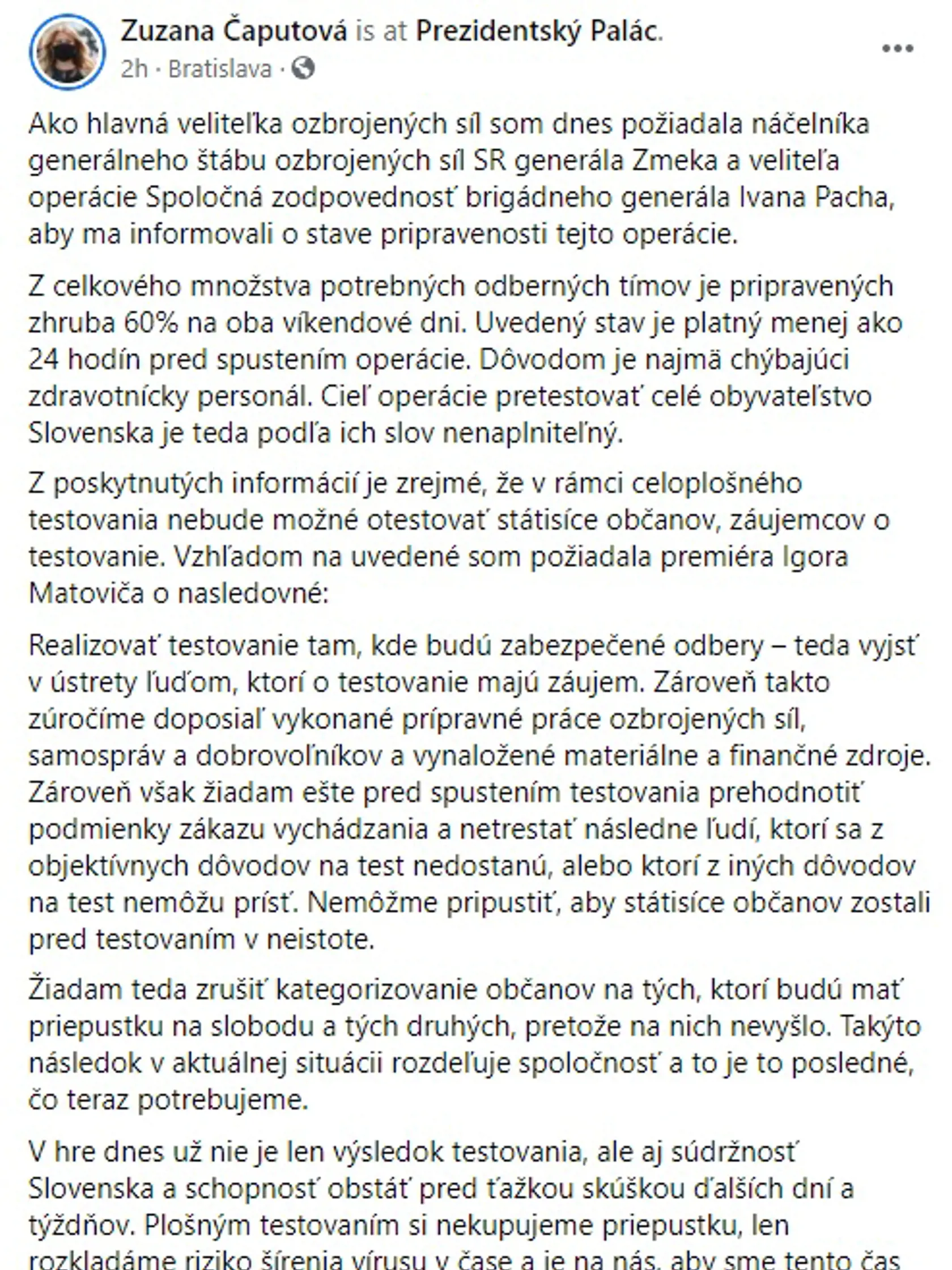 Prezidentka Zuzana Čaputová svoj prejav zverejnila aj na sociálnej sieti.