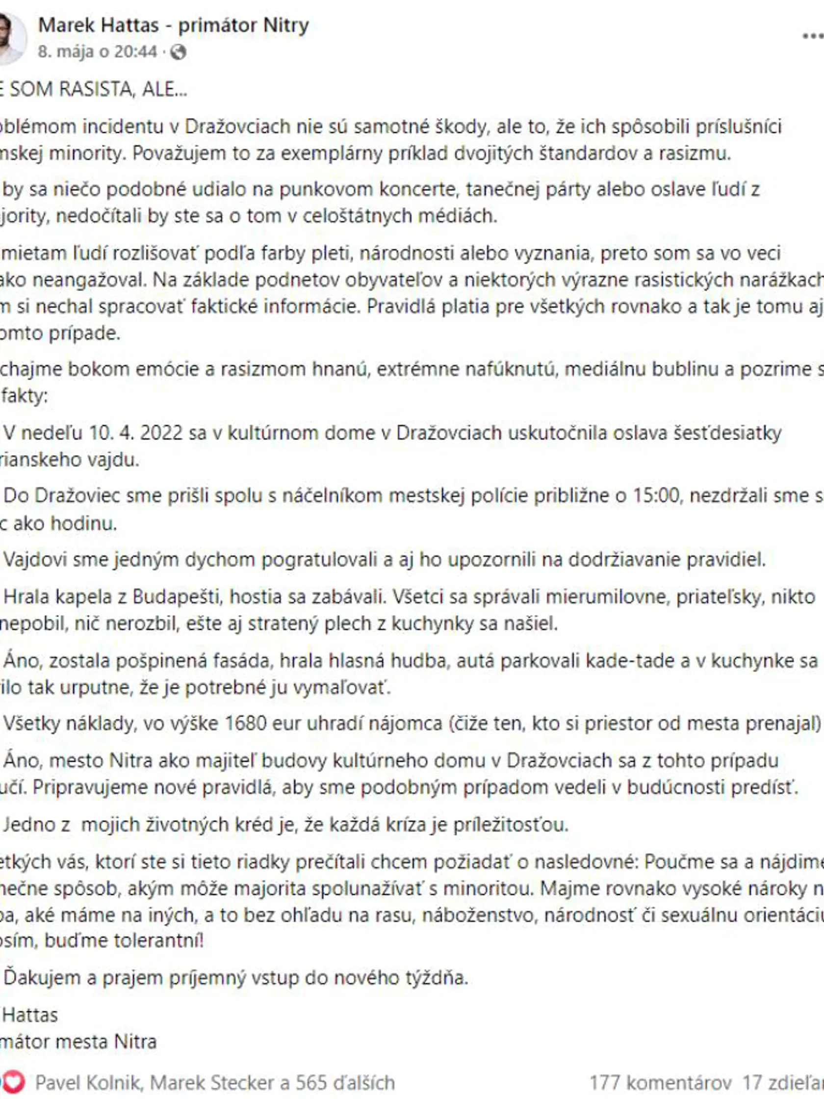 Primátorove vyjadrenie sa k medializácii oslavy v Dražovciach