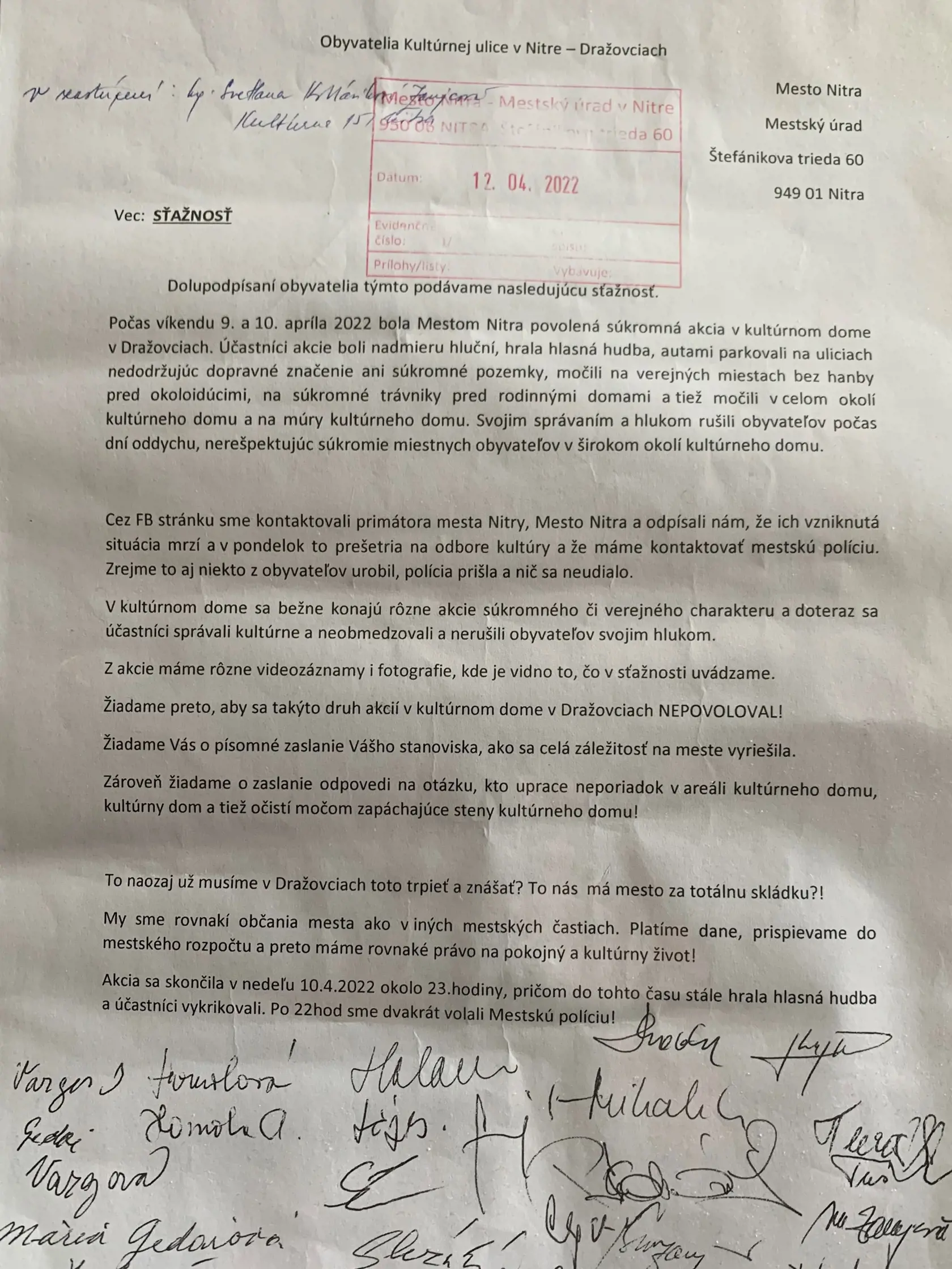 Sťažnosť niektorých obyvateľov