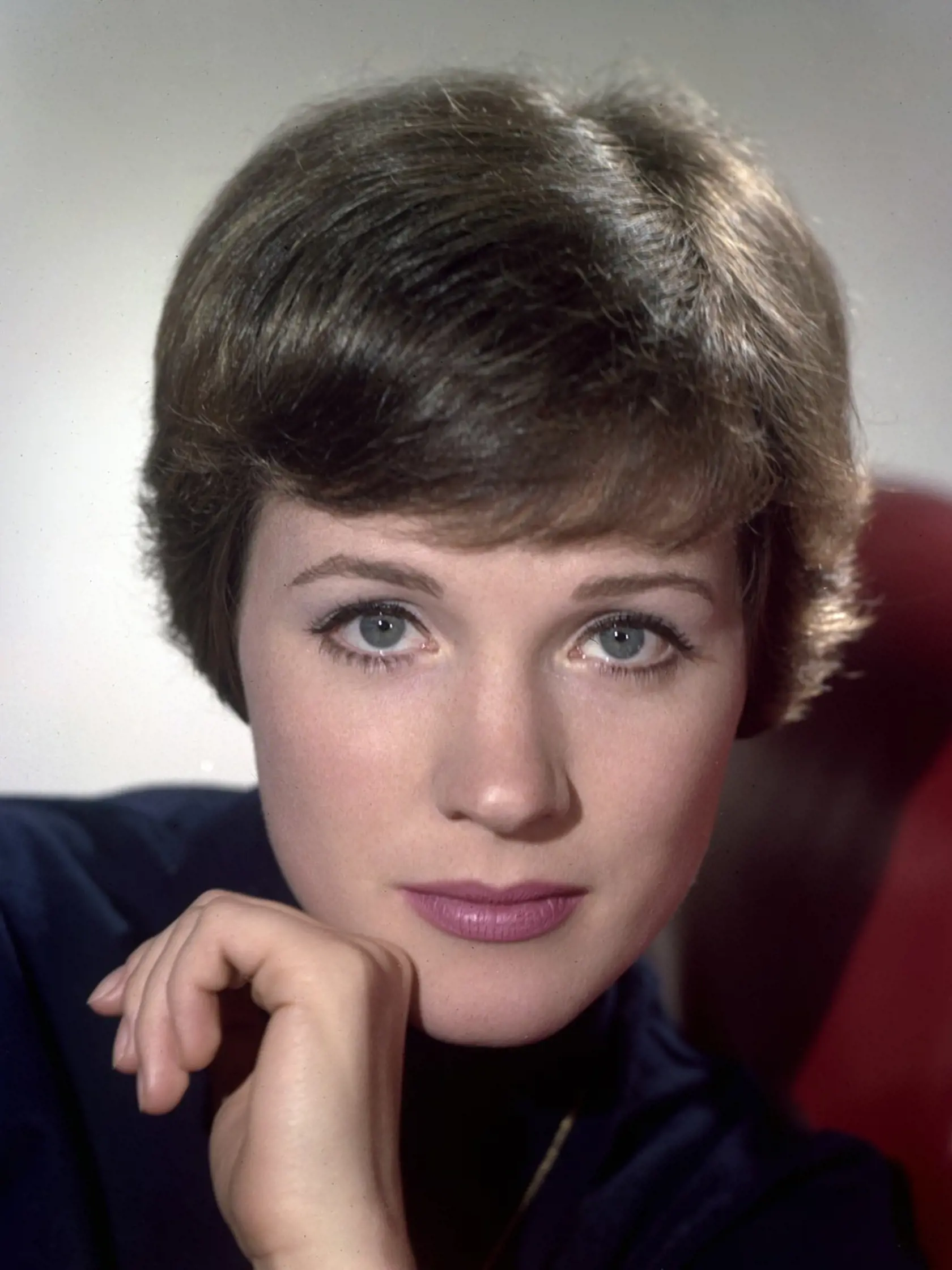 Julie Andrews je anglická speváčka a herečka, ktorá už ako 13-ročná vystupovala v londýnskom divadle West End, v 19 debutovala na Broadwayi. Nakrútila okolo 30 filmov. V roku 1997 musela po operácii hlasiviek prestať spievať, ale stále pracuje v dabingu. Svoju hviezdu má na Hollywoodskom chodníku slávy. Na foto v roku 1964.