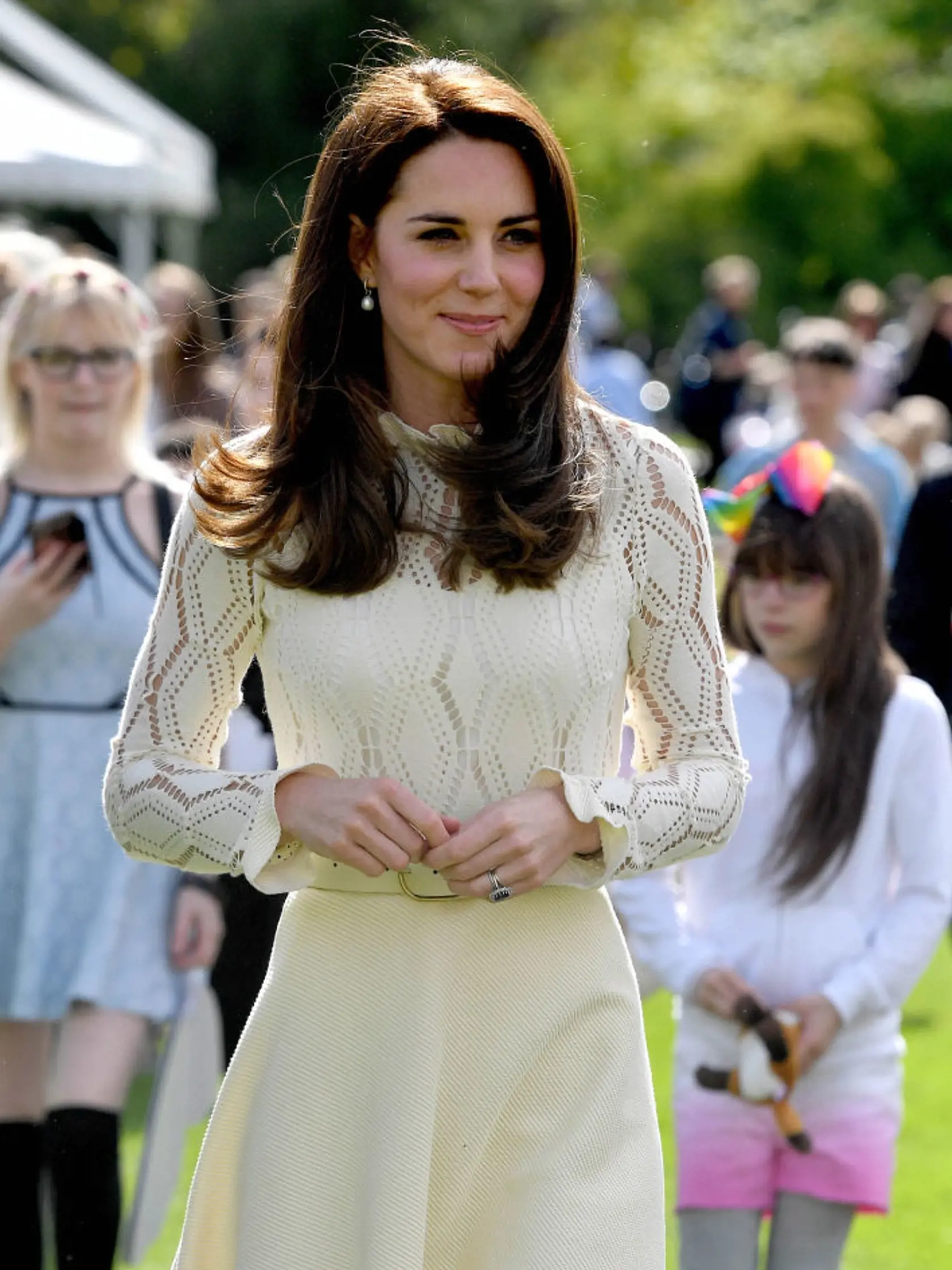LONDON, UNITED KINGDOM - MAY 13: Catherine, Duchess of Cambridge is seen as they host a tea party in the grounds of Buckingham Palace to honour the children of those who have died serving in the armed forces on May 13, 2017 in London, England. (Photo by Andrew Parsons - WPA Pool/Getty Images)