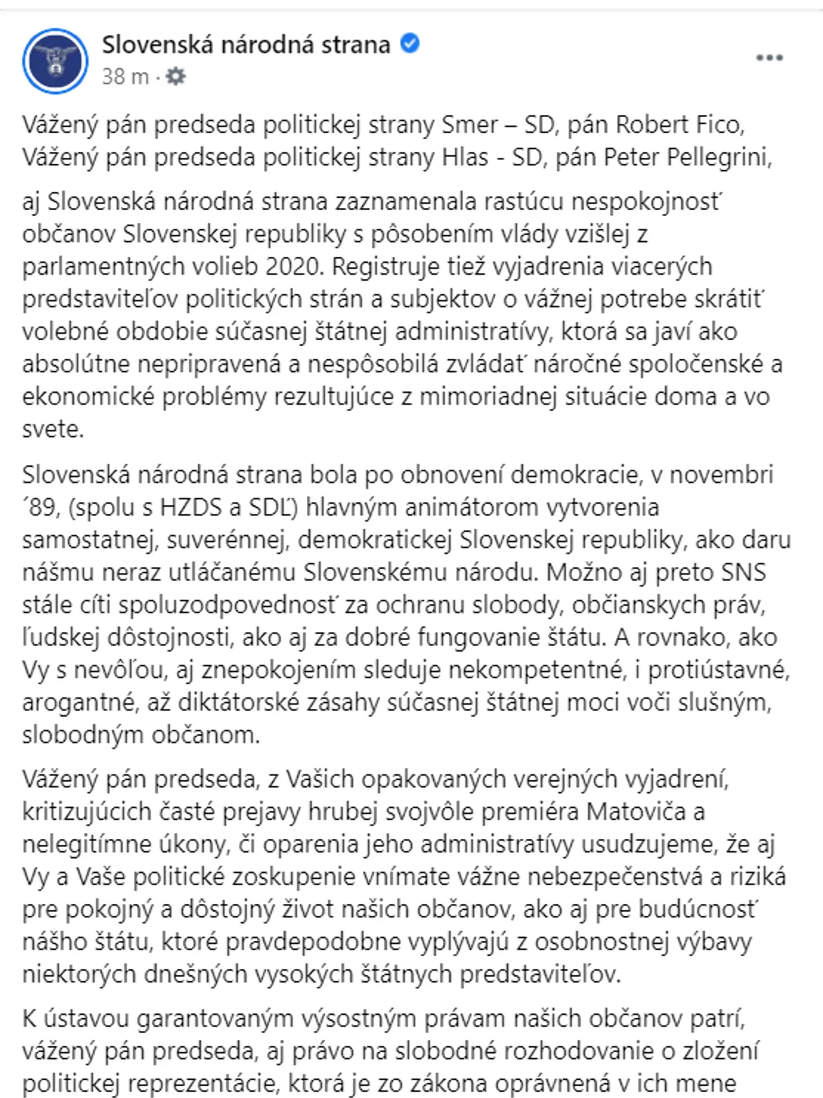 SNS poslalo Smeru a Hlasu list, v ktorom žiadajú ich spoluprácu.