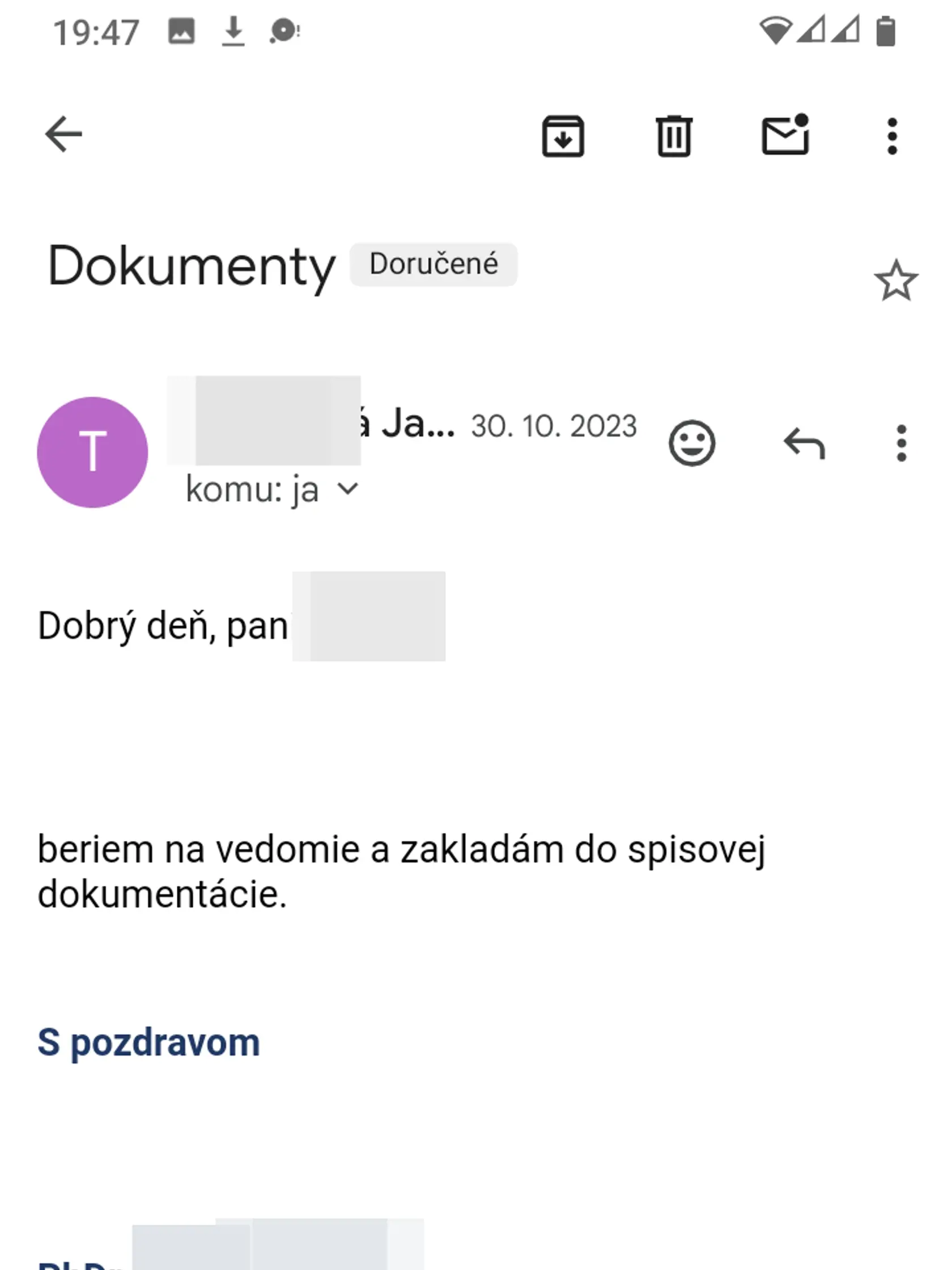 Mejl s pracovníčkou sociálnoprávnej ochrany detí.