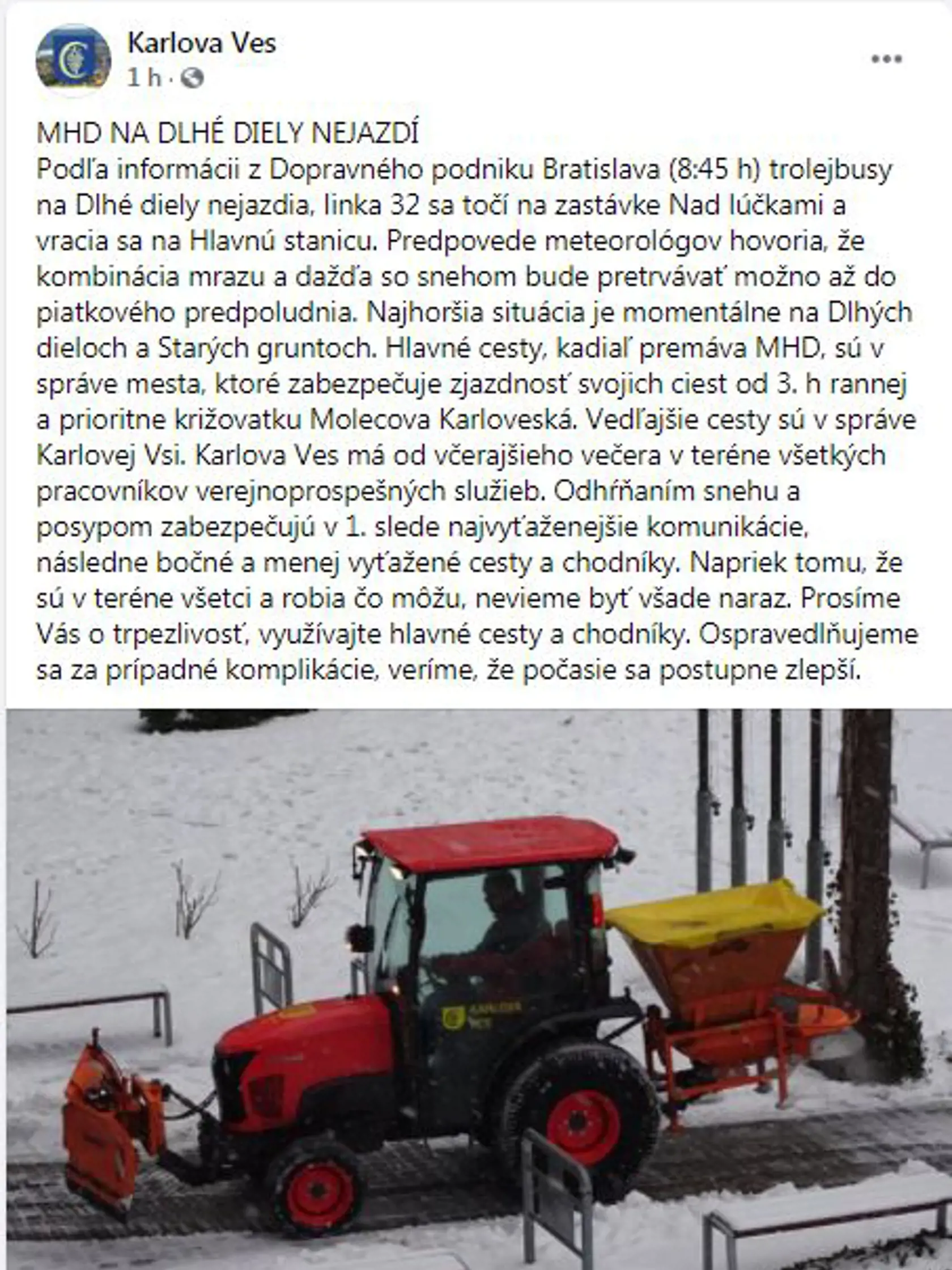 V Kralovej Vsi smerom na Dlhé diely nepremávajú autobusy MHD.