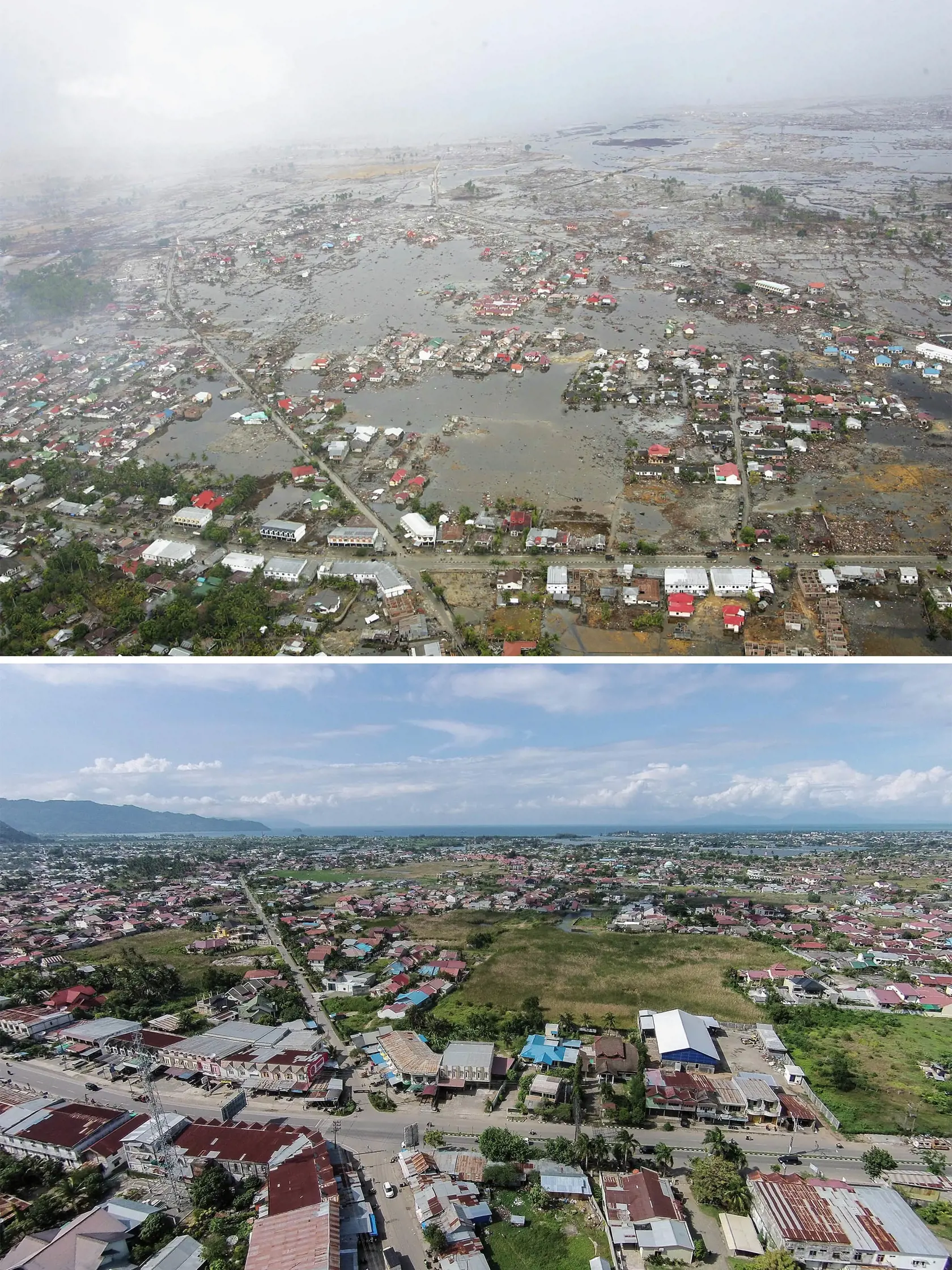 FOTO PRED A PO: Ničivé tsunami z roku 2004, ktoré zasiahlo Indonéziu.