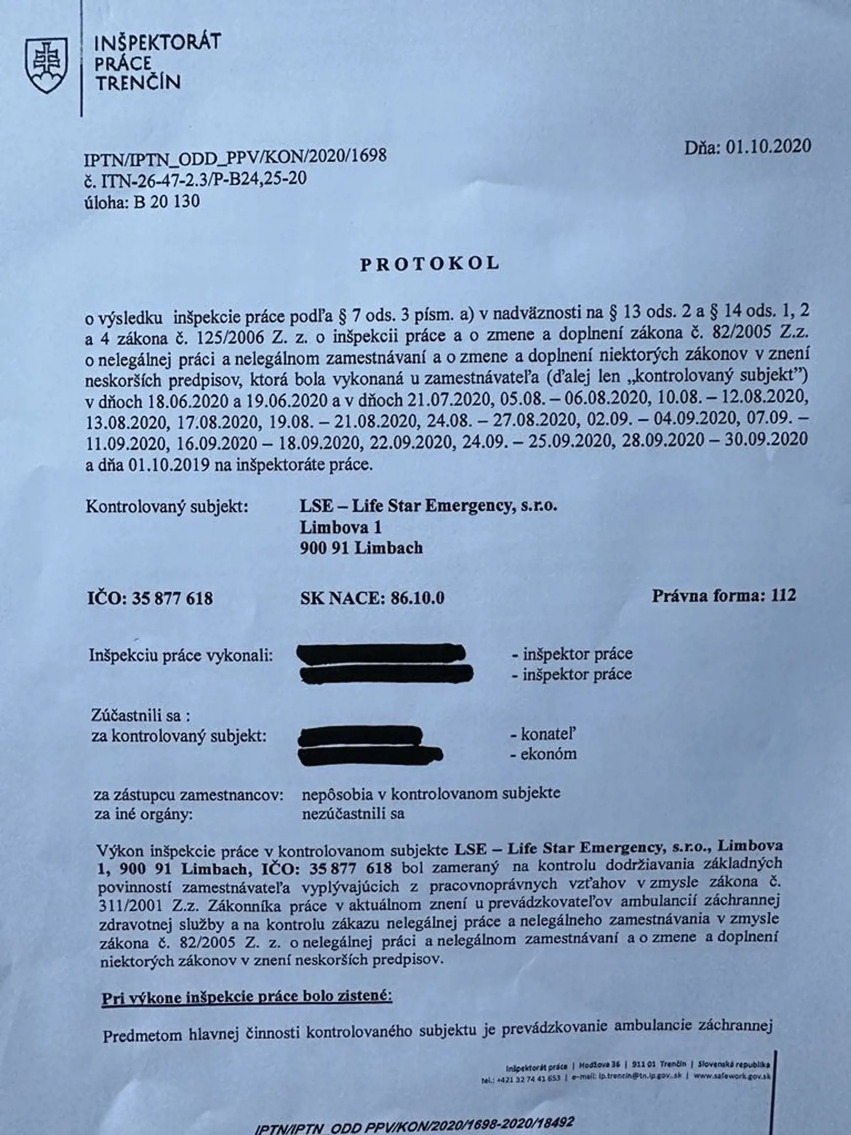 Protokol z Inšpektorátu práce, ktorým disponuje denník Plus JEDEN DEŇ.