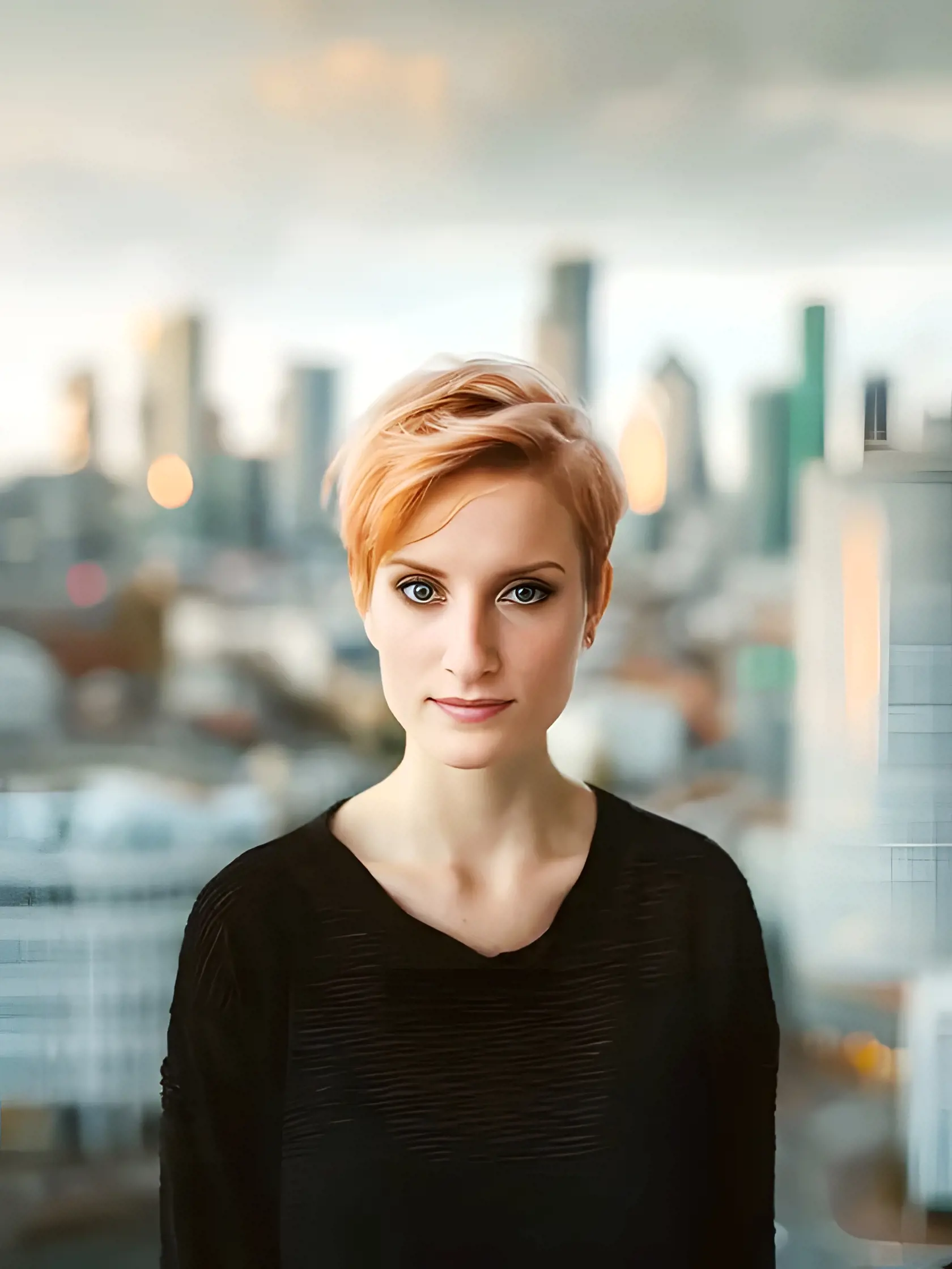 Krátkovlasá Adela Vinczeová v podaní AI.