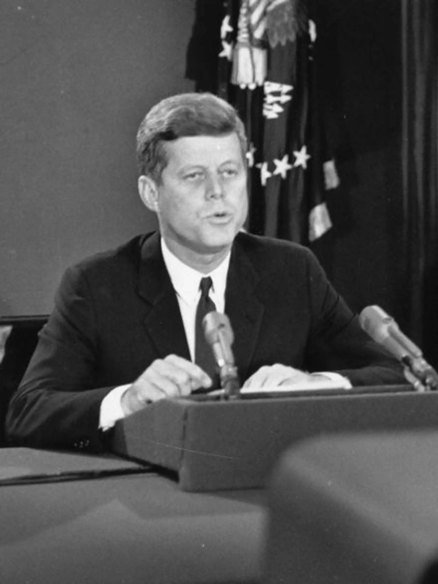 22th October 1962:  American president John F Kennedy making his dramatic television broadcast to announce the Cuba blockade during the Cuban Missile Crisis.  (Photo by Keystone/Getty Images)