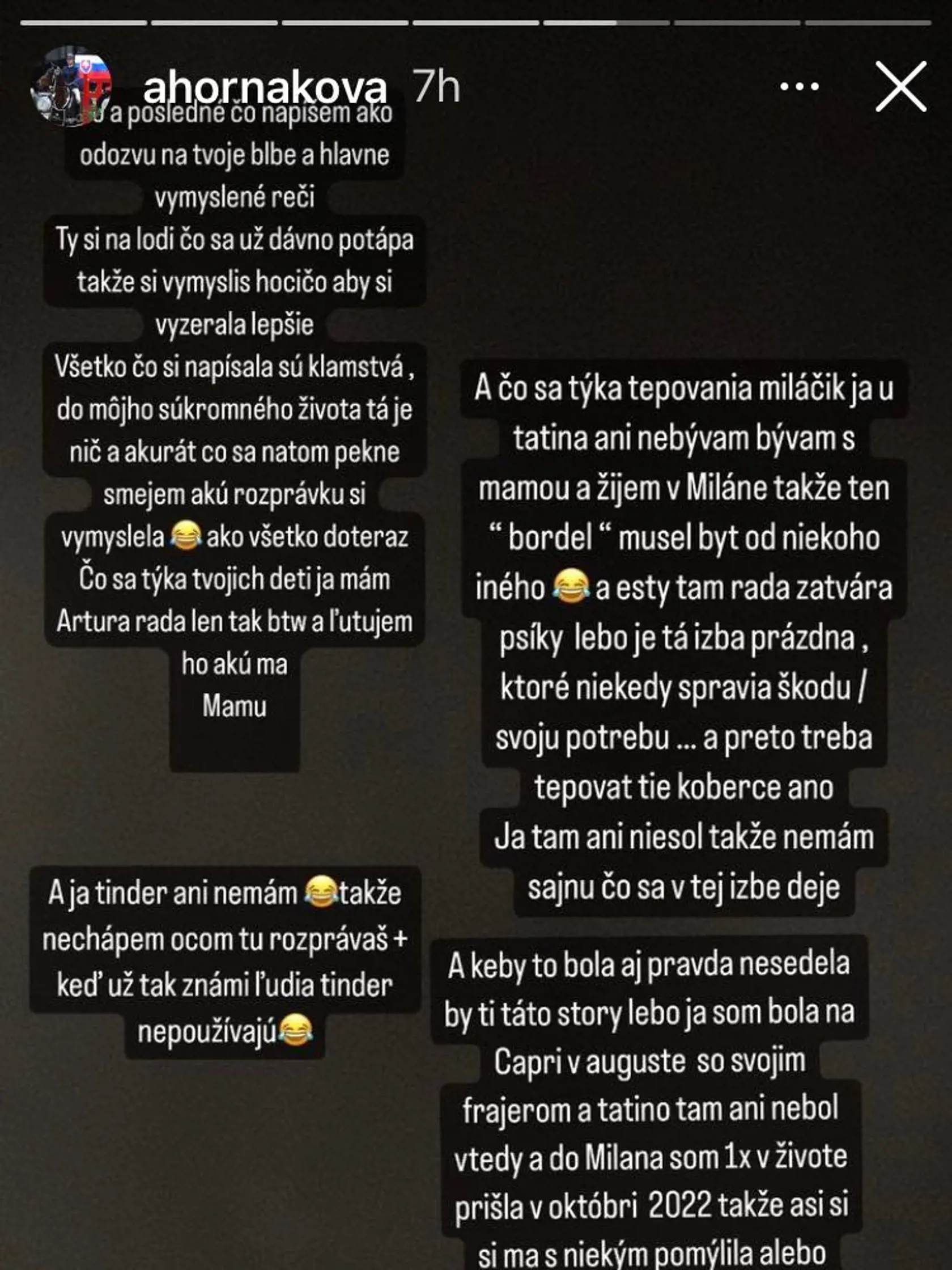 Reakcia Kollárovej dcéry Saši Horňákovej na vyjadrenia jeho ex Barbory Richterovej na jej vyjadrenia na výkaly za jej závesom v izbe...