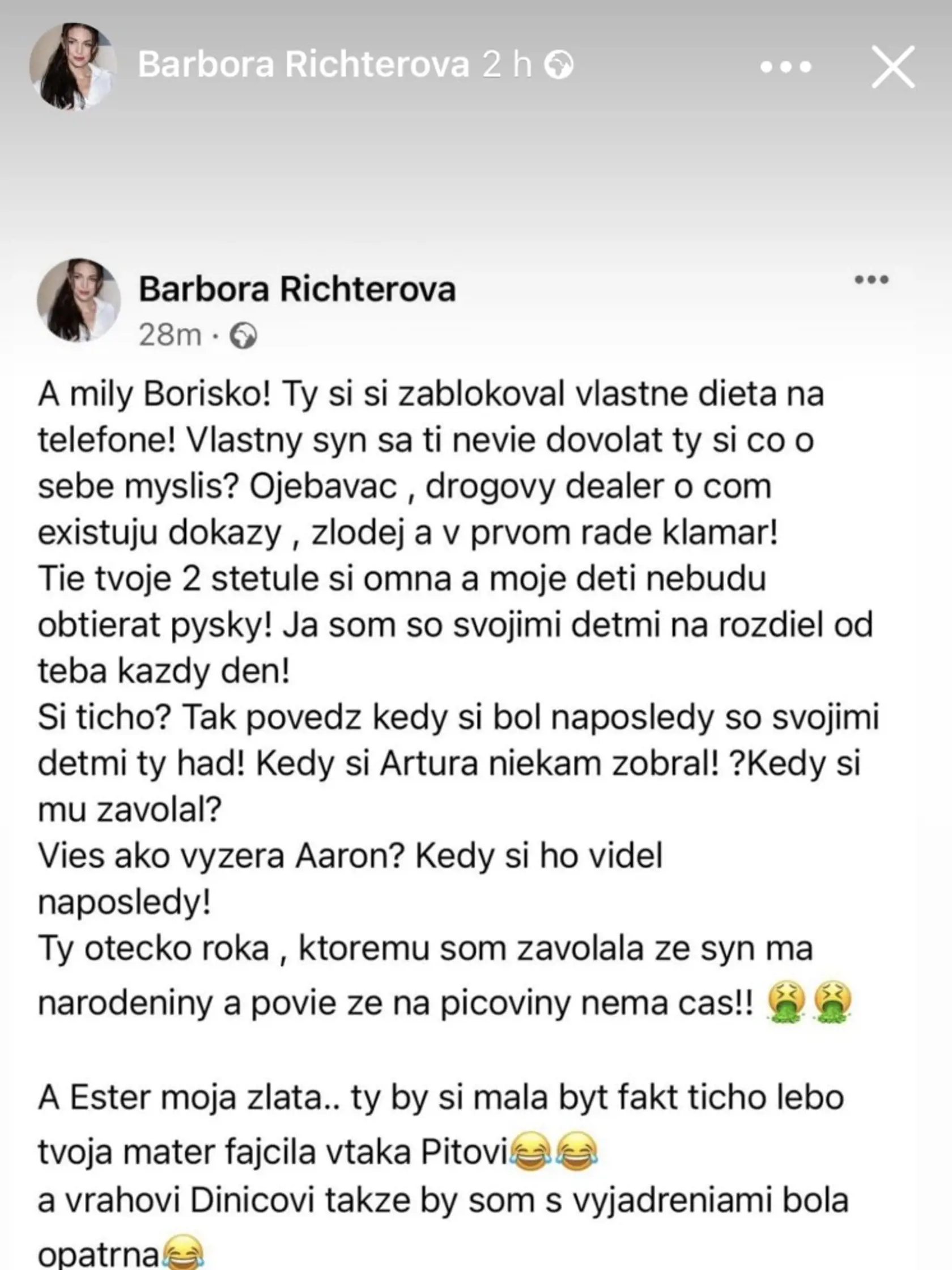 Barbora Richterová naložila na sociálnej sieti Borisovi Kollárovi.