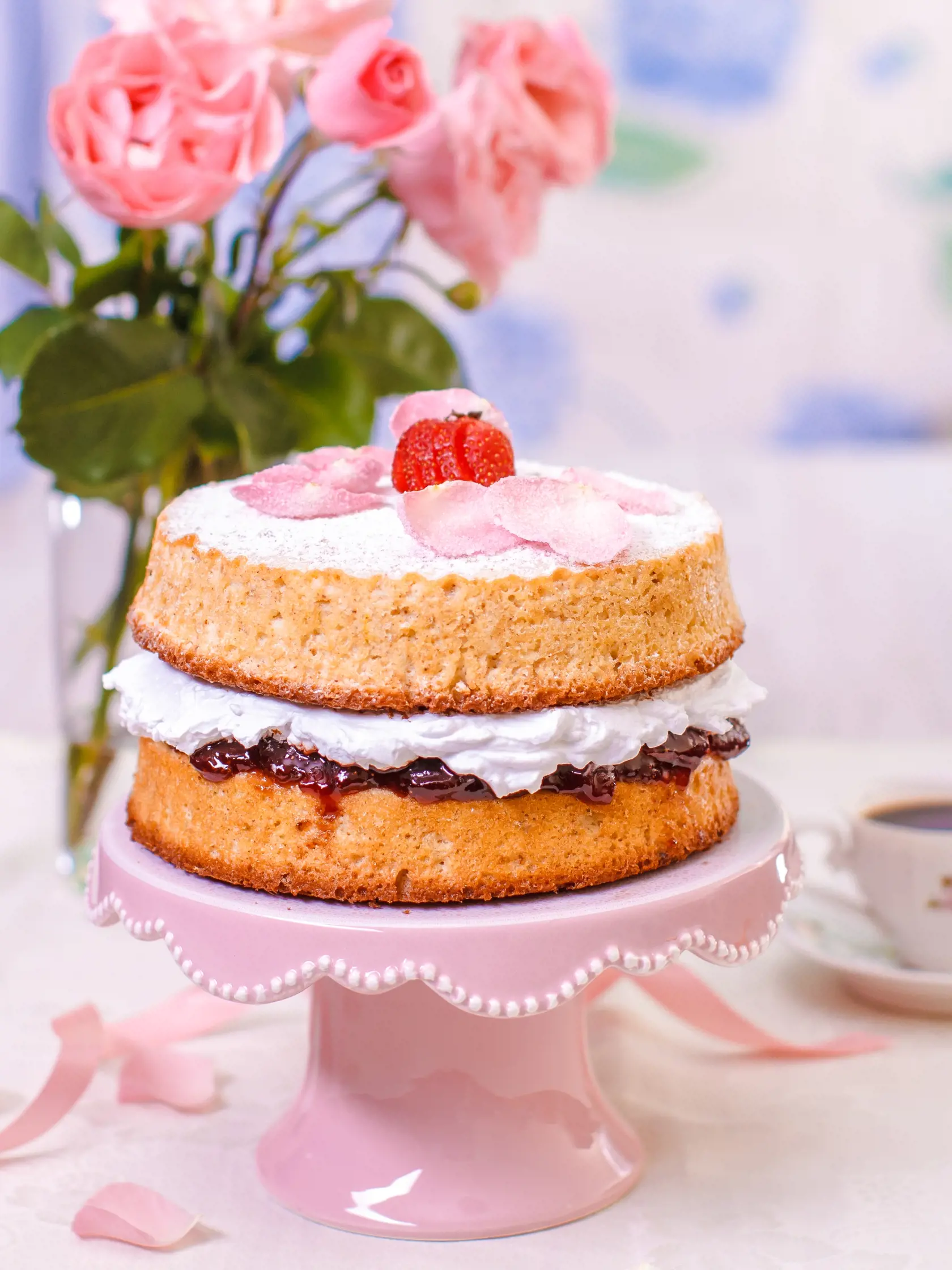 Victoria,Sponge,Cake,With,Whipped,Cream,And,Strawberries