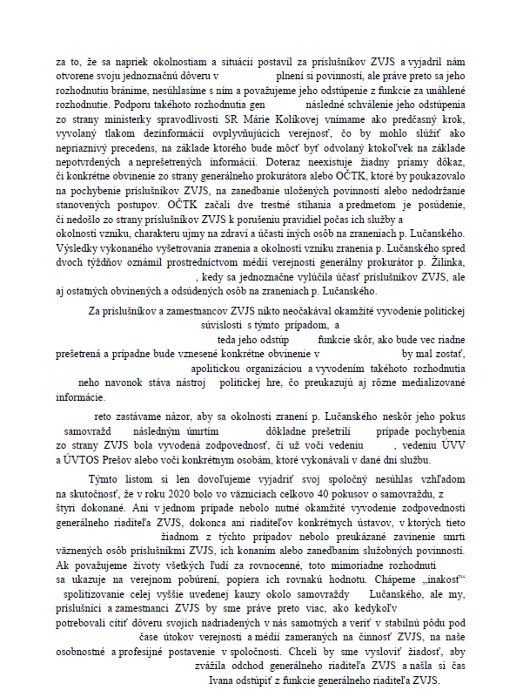 Pracovníci ZVJS napísali otvorený lis ohľadom prípadu smrti Lučanského.