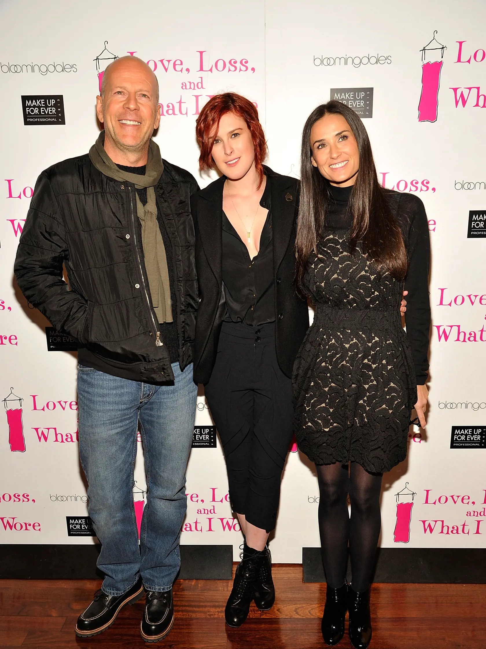 NEW YORK, NY - MARCH 24:  (L-R) Actor Bruce Willis, Actresses Rumer Willis and Demi Moore attend the "Love, Loss & What I Wore" new cast member celebration at B Smith's Restaurant on March 24, 2011 in New York City.  (Photo by Joe Corrigan/Getty Images)