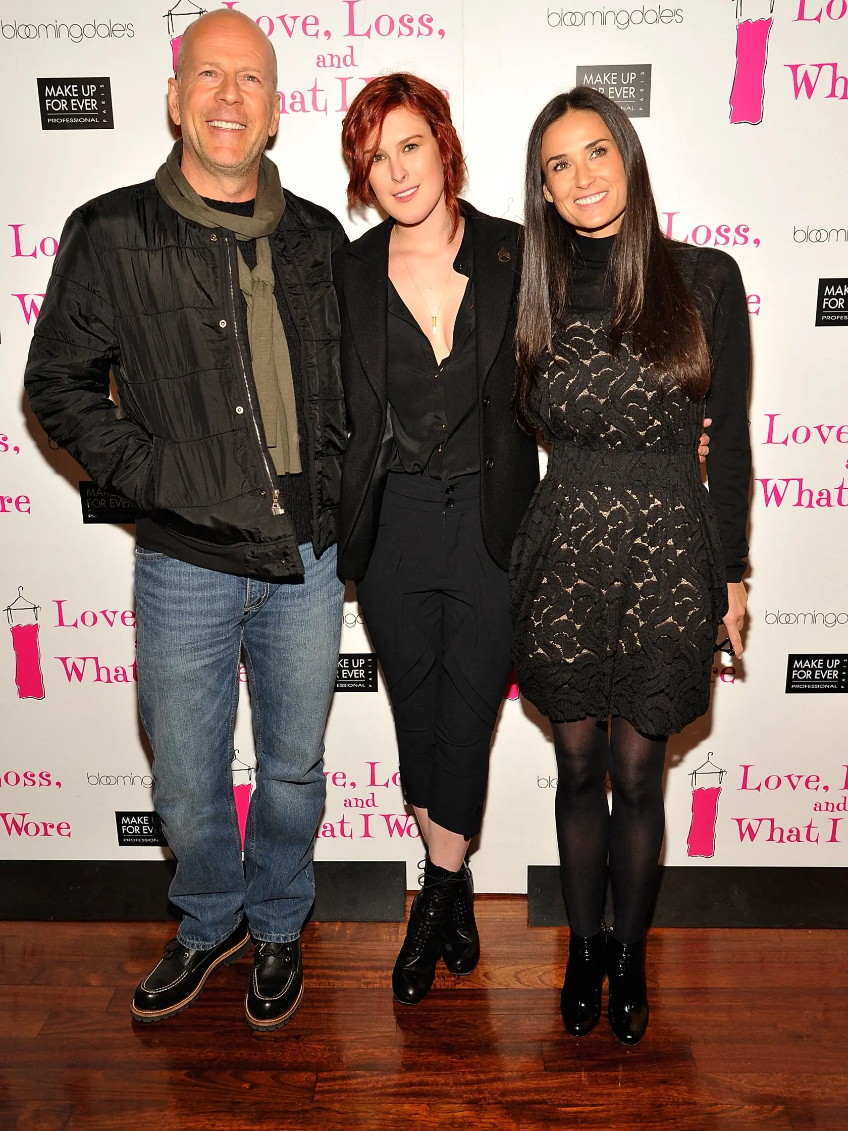 NEW YORK, NY - MARCH 24:  (L-R) Actor Bruce Willis, Actresses Rumer Willis and Demi Moore attend the "Love, Loss & What I Wore" new cast member celebration at B Smith's Restaurant on March 24, 2011 in New York City.  (Photo by Joe Corrigan/Getty Images)