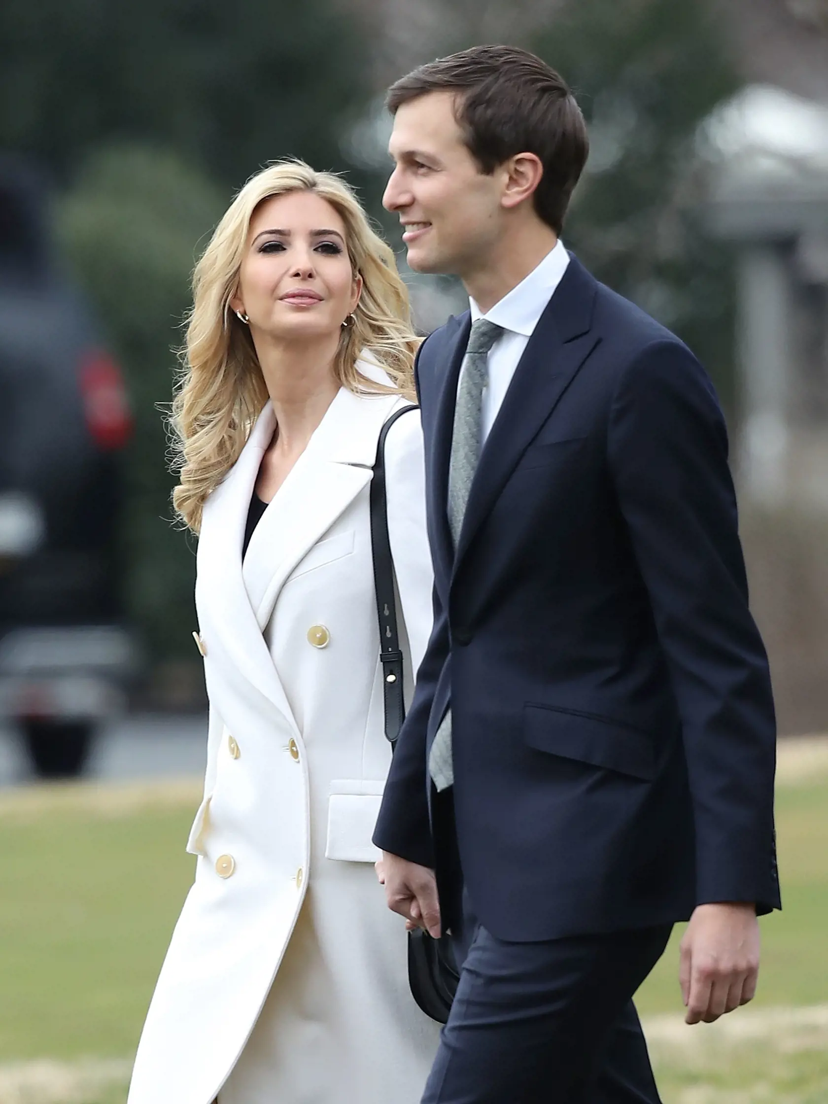 WASHINGTON, DC - FEBRUARY 17:  Ivanka Trump walks with her husband, White House Senior Advisor Jared Kushner, toward Marine One while departing with her father President Donald Trump on February 17, 2017 in Washington, DC. President Trump is traveling to South Carolina to visit the Boeing plant. (Photo by Mark Wilson/Getty Images)
