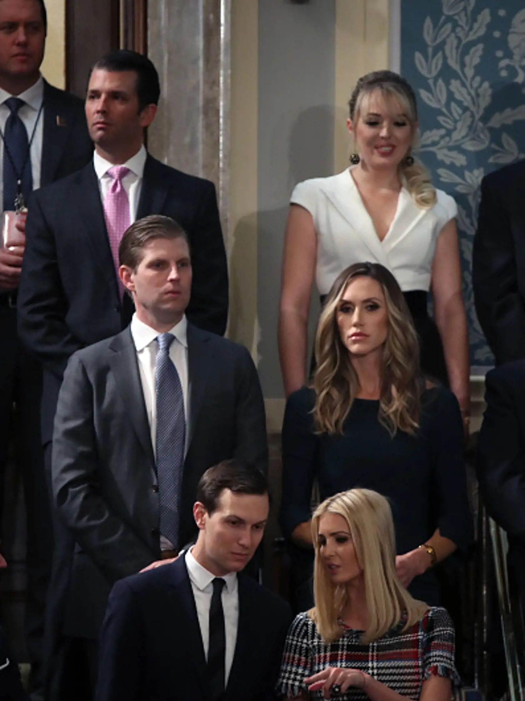WASHINGTON, DC - JANUARY 30:  Donald Trump Jr., Tiffany Trump, Eric Trump and Lara Trump, Jared Kusner and Ivanka Trump attend  the State of the Union address in the chamber of the U.S. House of Representatives January 30, 2018 in Washington, DC. This is the first State of the Union address given by U.S. President Donald Trump and his second joint-session address to Congress.  (Photo by Mark Wilson/Getty Images)