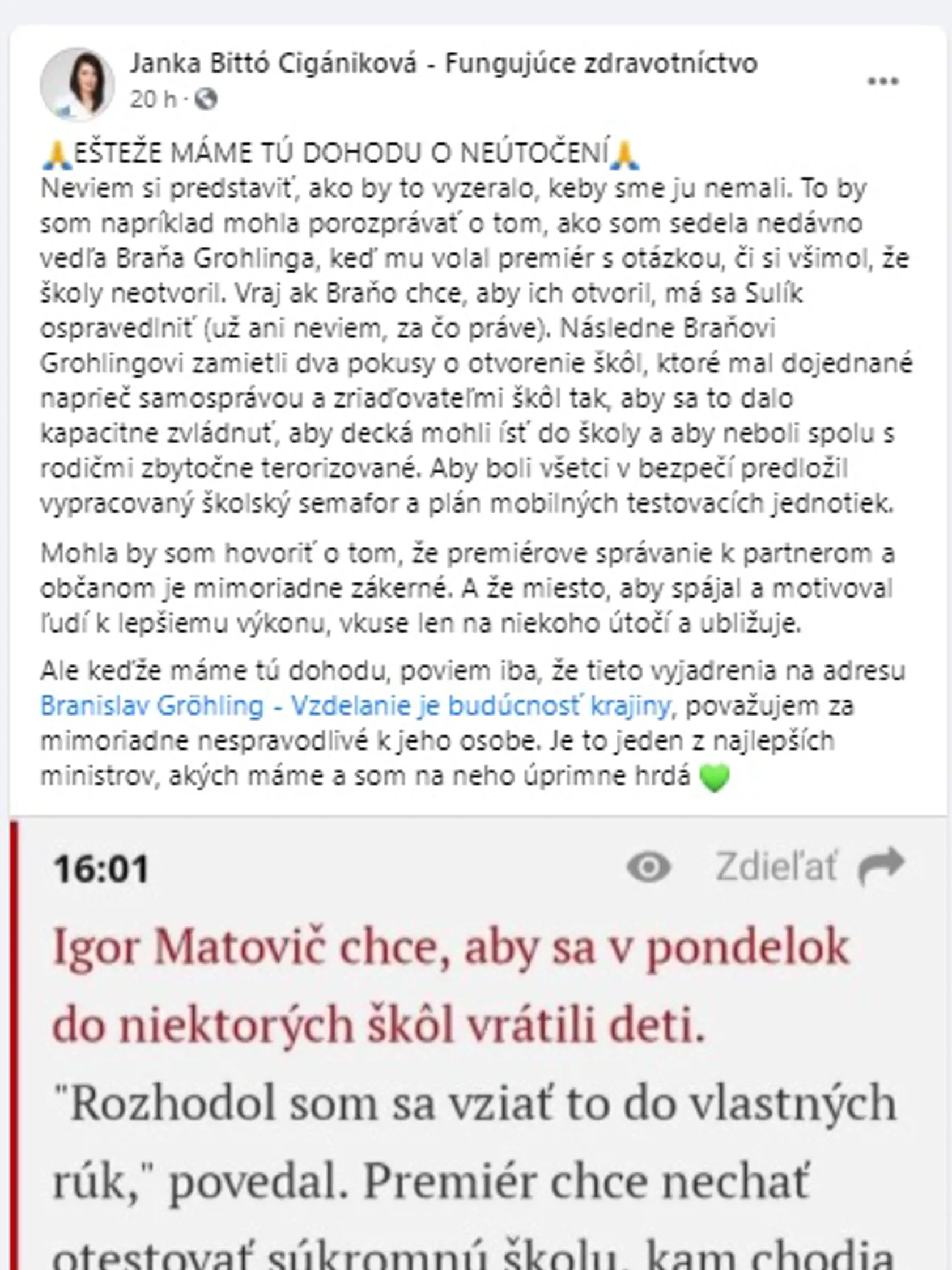 Status Janu Bittó Cigánikovej (SaS) k (ne)otváraniu škôl.