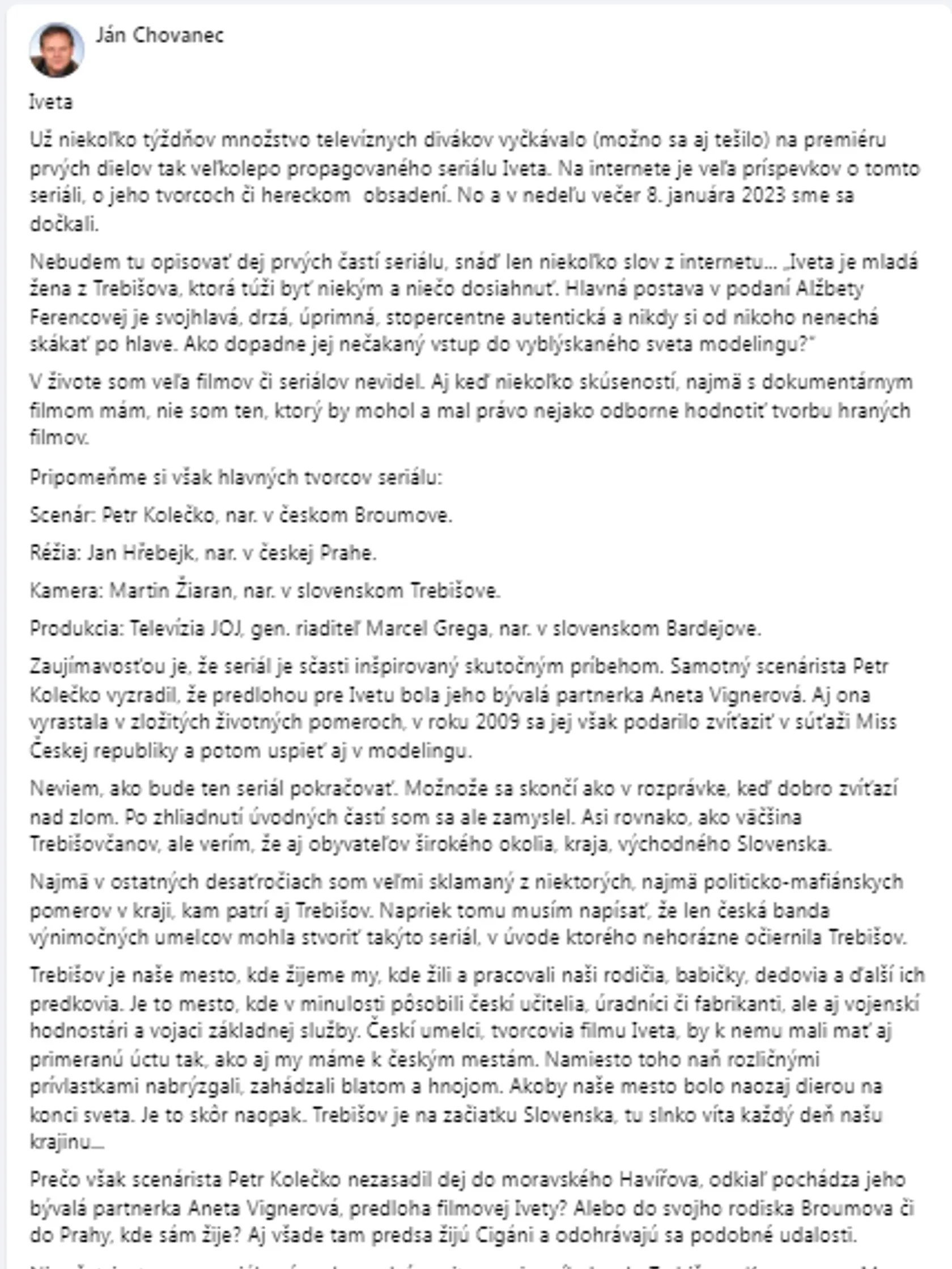 Celý status Jána Chovanca.