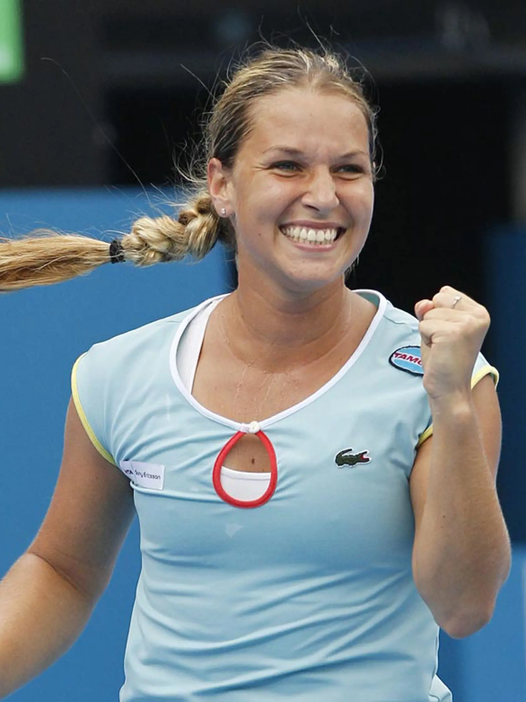 Dominika Cibulkova of Slovakia celebrates after winning her match against  Caroline Wozniacki of Denmark at the Sydney International Tennis Tournament  in Sydney, Australia, Tuesday, Jan. 11, 2011. (AP Photo/Rob Griffith)